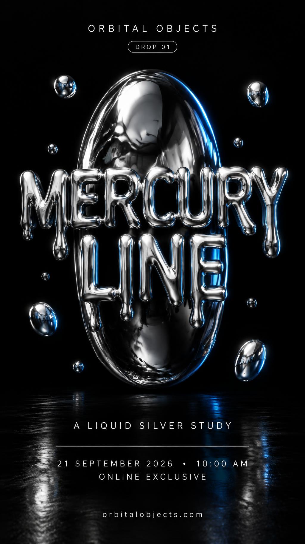 "MERCURY
LINE
ORBITAL OBJECTS
DROP 01
A LIQUID SILVER STUDY
21 SEPTEMBER 2026  •  10:00 AM
ONLINE EXCLUSIVE
orbitalobjects.com" — Chrome Metal 3d | AI Text Effect Generator