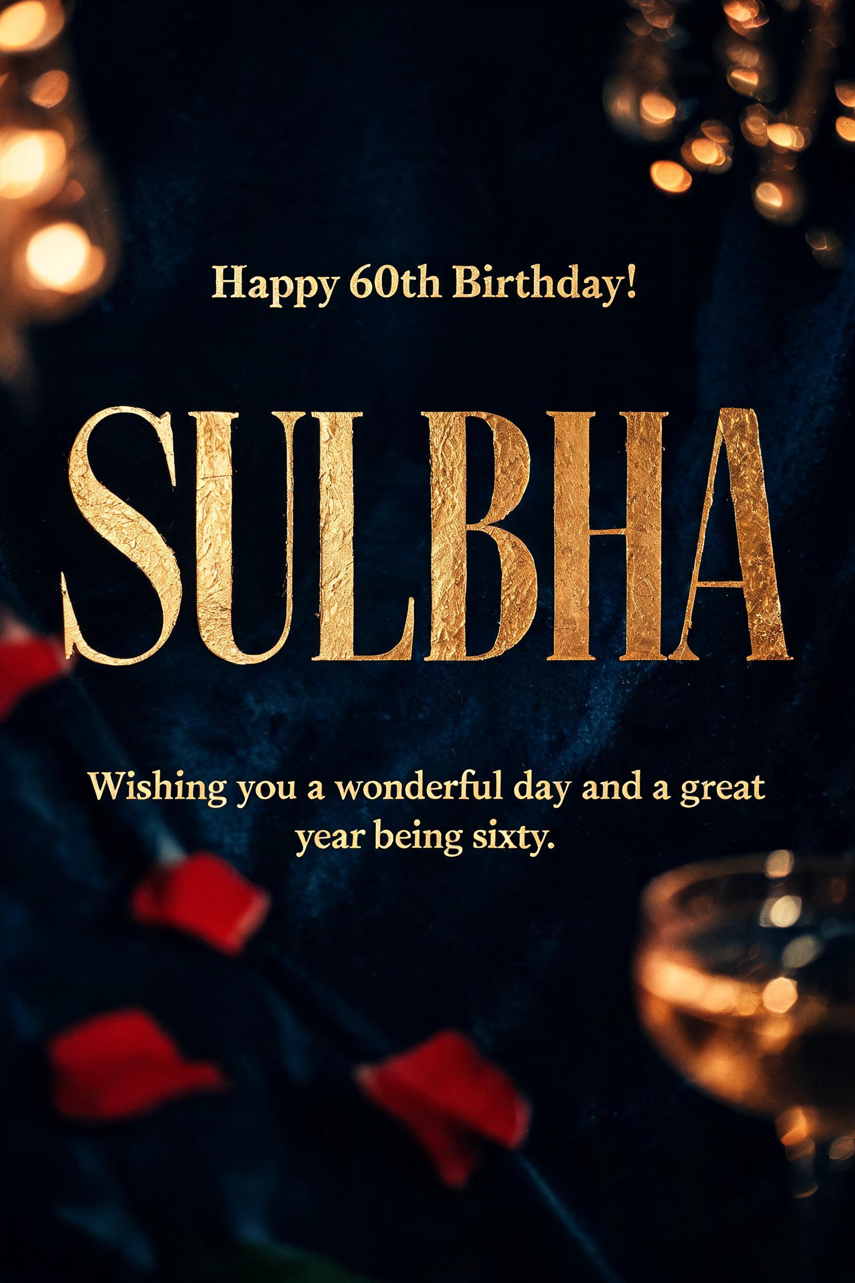 "Happy 60th Birthday!
SULBHA
Wishing you a wonderful day and a great year being sixty." — Anniversary | AI Text Effect Generator