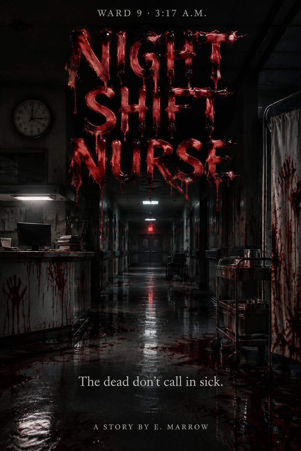 "Night Shift Nurse
The dead don't call in sick.
WARD 9 · 3:17 A.M.
A STORY BY E. MARROW" — Drip Font Blood | AI Text Effect Generator