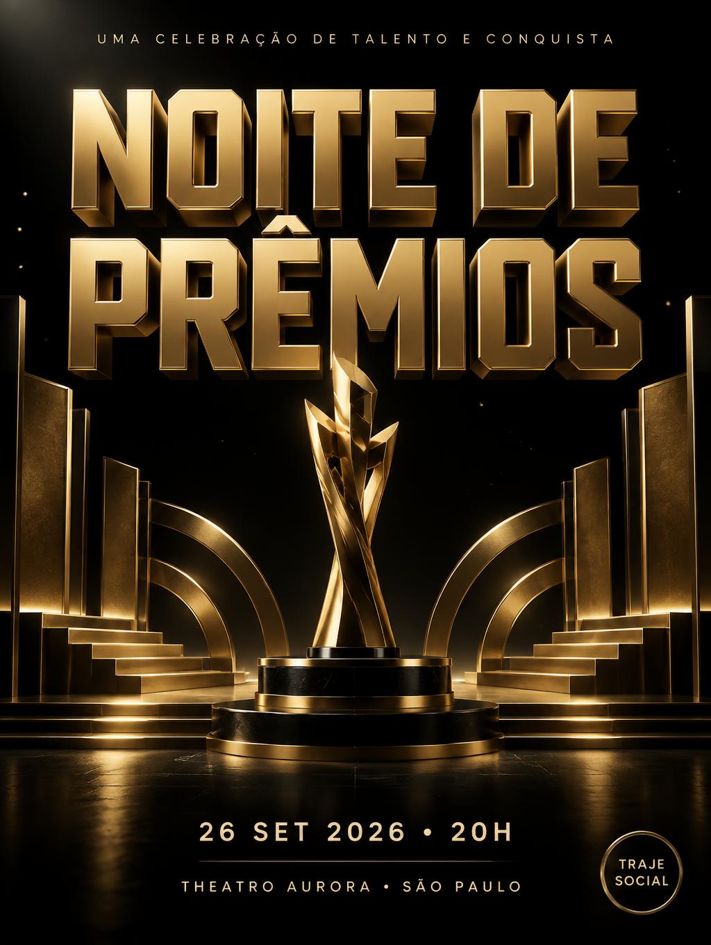"NOITE DE
PRÊMIOS
UMA CELEBRAÇÃO DE TALENTO E CONQUISTA
26 SET 2026 • 20H
THEATRO AURORA • SÃO PAULO
TRAJE SOCIAL" — 3d Bold Gold | AI Text Effect Generator