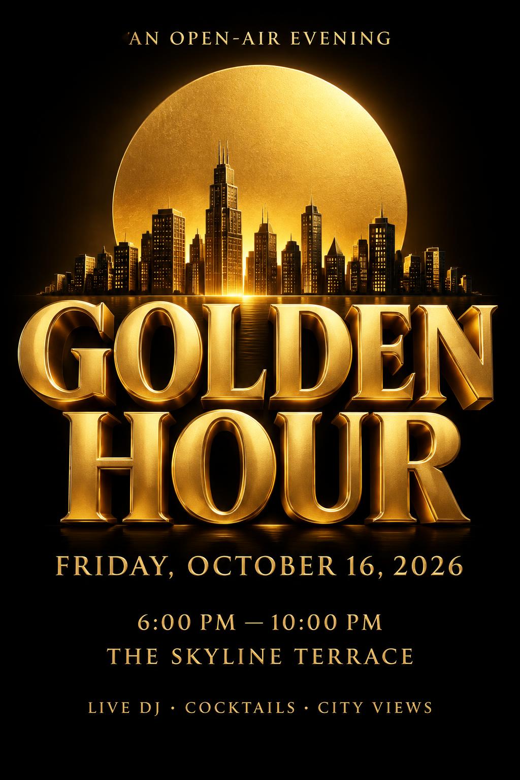 "GOLDEN HOUR
AN OPEN-AIR EVENING
FRIDAY, OCTOBER 16, 2026
6:00 PM — 10:00 PM
THE SKYLINE TERRACE
LIVE DJ · COCKTAILS · CITY VIEWS" — 3d Bold Gold | AI Text Effect Generator