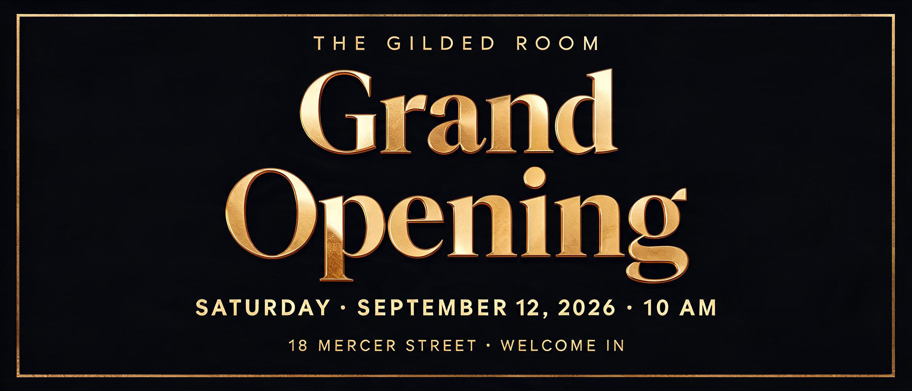 "Grand Opening
THE GILDED ROOM
SATURDAY · SEPTEMBER 12, 2026 · 10 AM
18 MERCER STREET · WELCOME IN" — 3d Bold Gold | AI Text Effect Generator