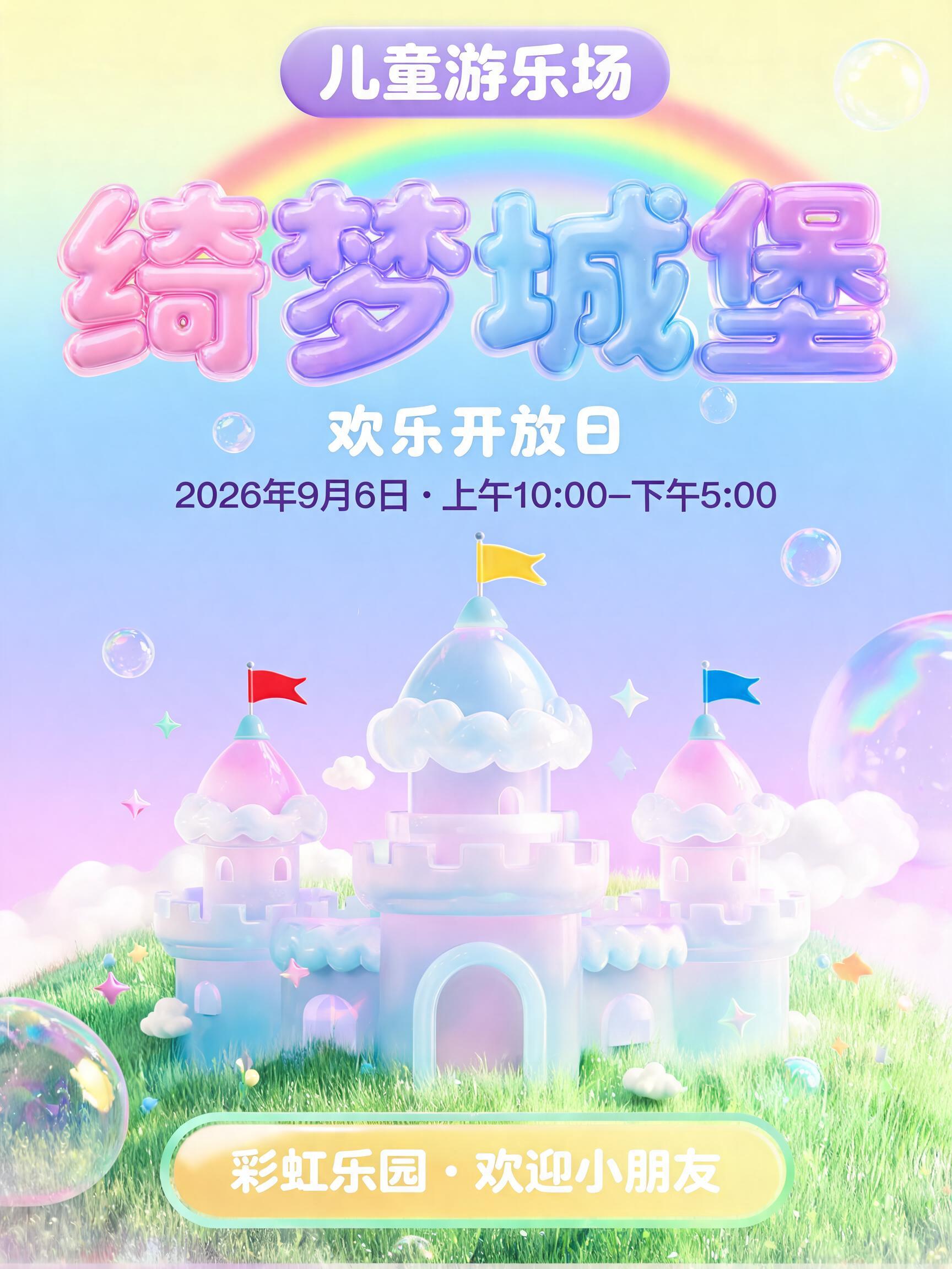 "儿童游乐场，写「绮梦城堡」，泡泡字" — Bubble text effect