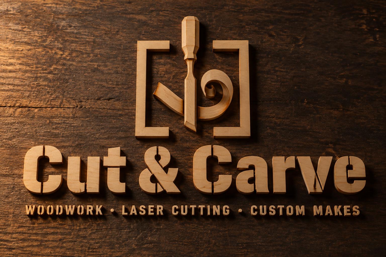 "Cut & Carve
WOODWORK · LASER CUTTING · CUSTOM MAKES" — Laser Cut | AI Text Effect Generator