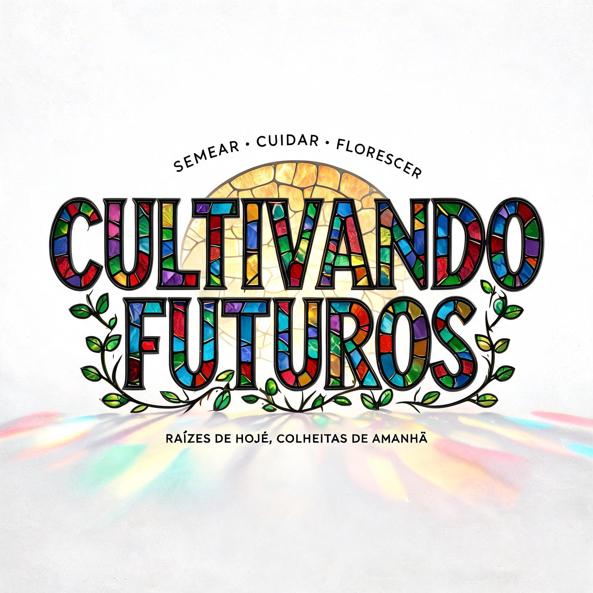 "Uma estampa escrito "CULTIVANDO FUTUROS", vidro colorido" — Glass Color text effect