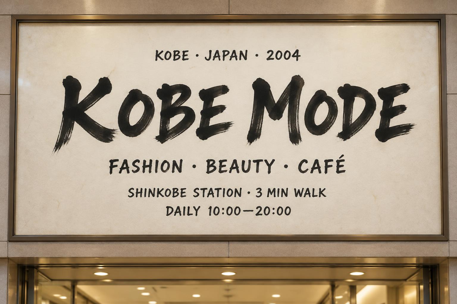 "KOBE MODE
KOBE · JAPAN · 2004
FASHION · BEAUTY · CAFÉ
SHINKOBE STATION · 3 MIN WALK
DAILY 10:00—20:00" — Brush Japanese Ink | AI Text Effect Generator
