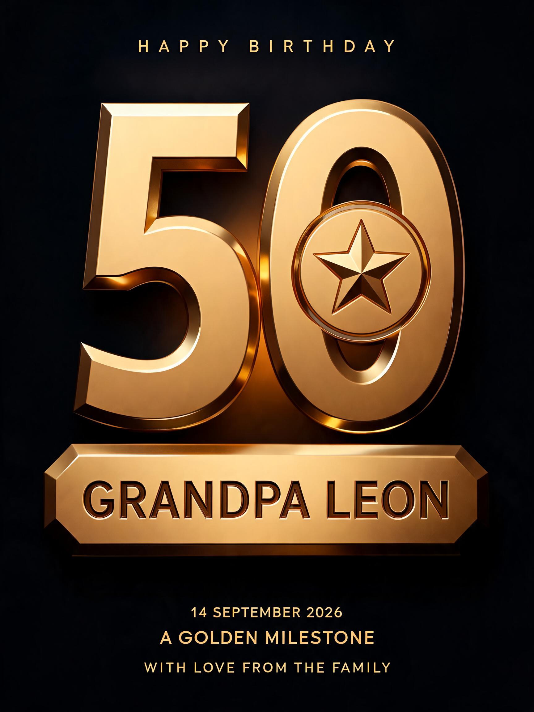 HAPPY BIRTHDAY
50
GRANDPA LEON
A GOLDEN MILESTONE
14 SEPTEMBER 2026
WITH LOVE FROM THE FAMILY