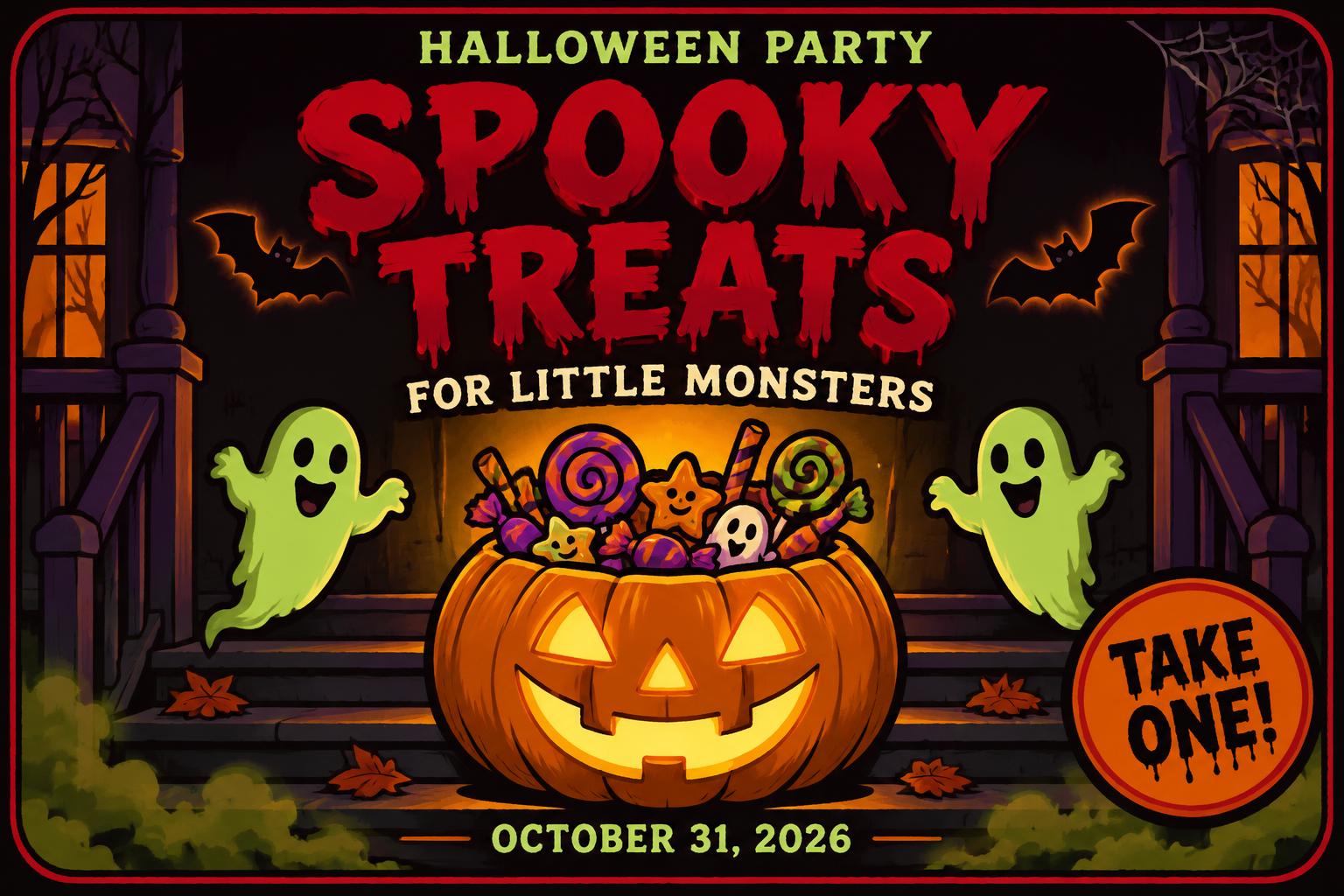"SPOOKY
TREATS
HALLOWEEN PARTY
FOR LITTLE MONSTERS
OCTOBER 31, 2026
TAKE ONE!" — Horror | AI Text Effect Generator
