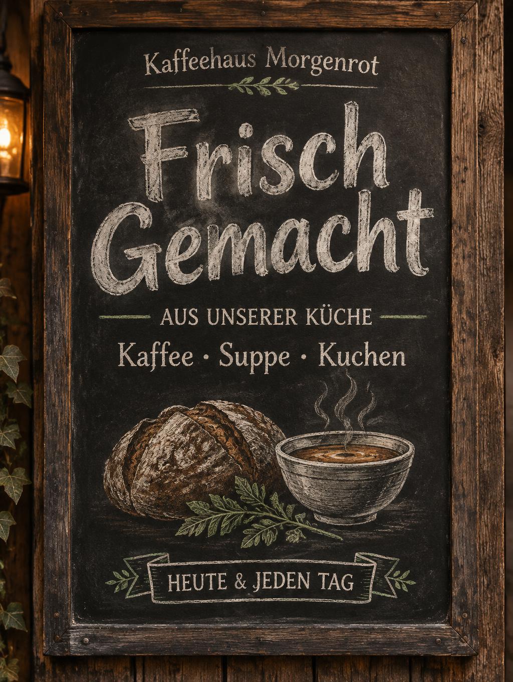 "Frisch Gemacht
Kaffeehaus Morgenrot
AUS UNSERER KÜCHE
Kaffee · Suppe · Kuchen
HEUTE & JEDEN TAG" — Vintage | AI Text Effect Generator