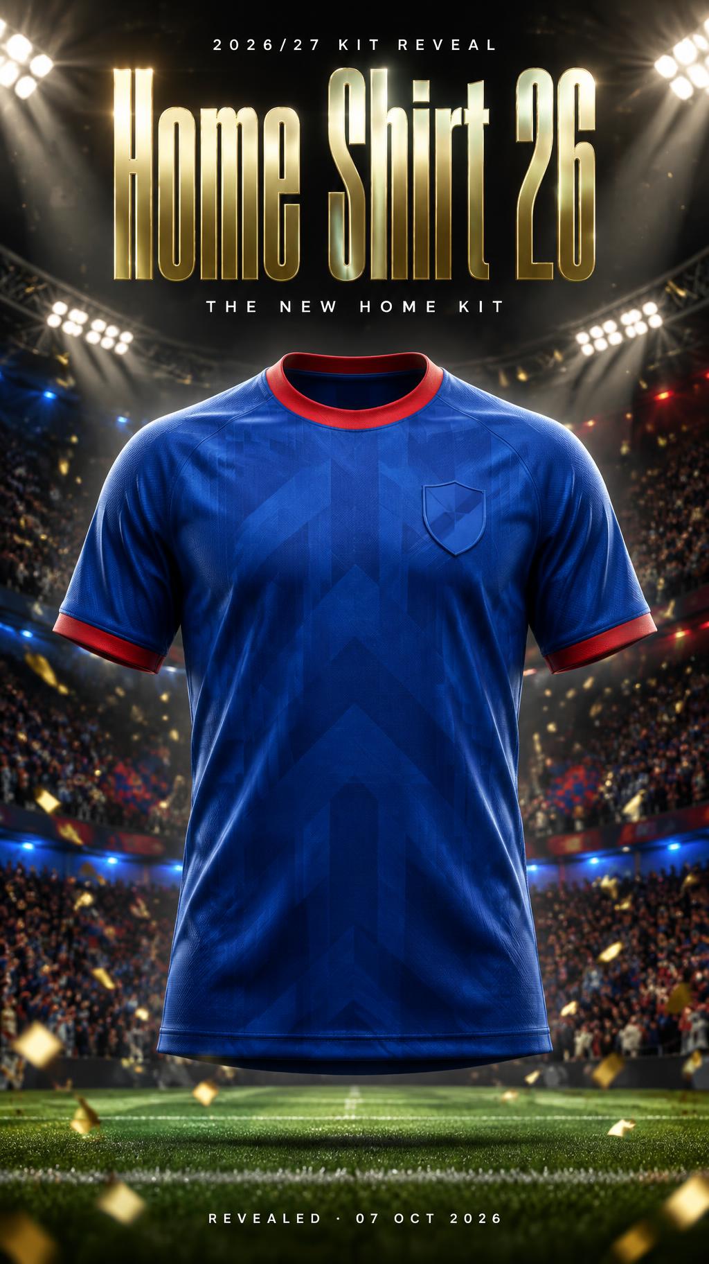 "2026/27 KIT REVEAL
Home Shirt 26
THE NEW HOME KIT
REVEALED · 07 OCT 2026" — Sports Football | AI Text Effect Generator