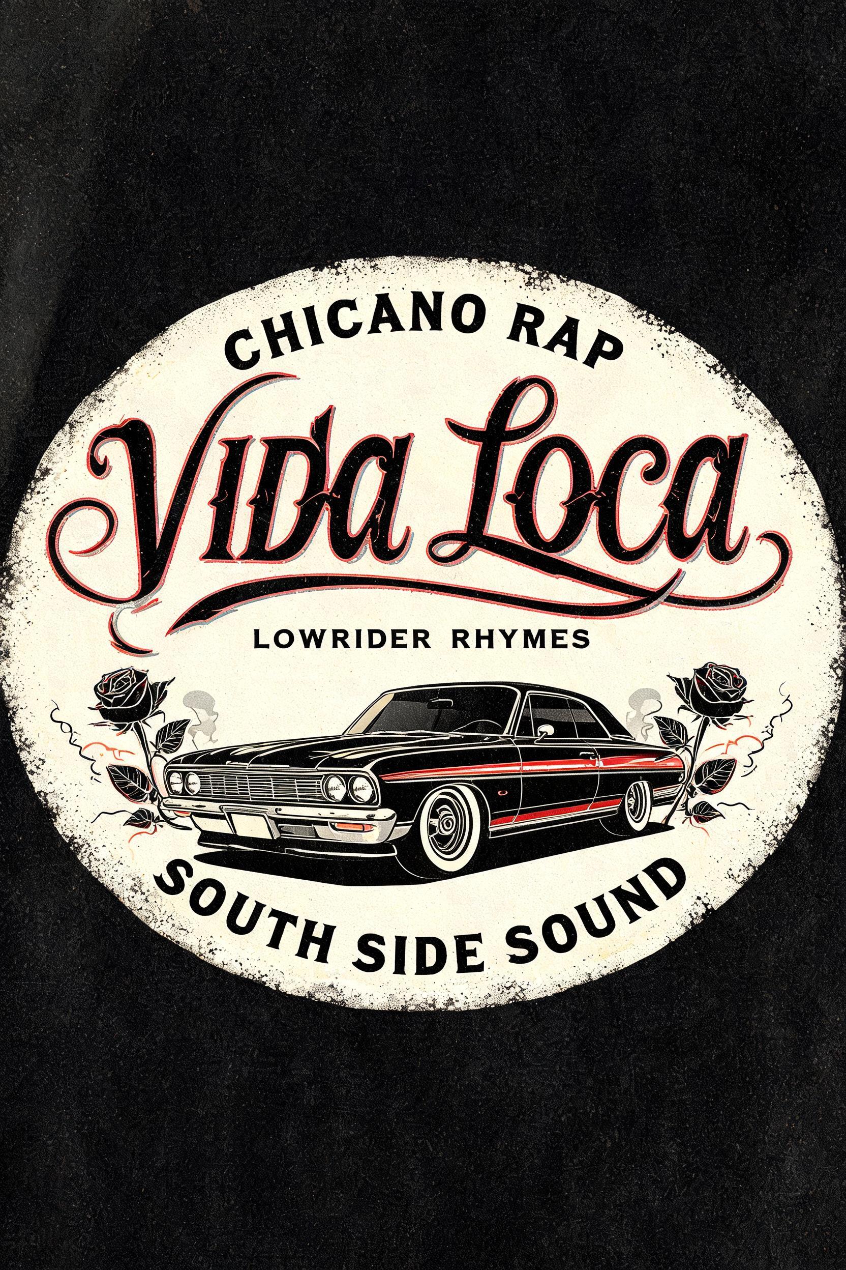 "VIDA LOCA
CHICANO RAP
LOWRIDER RHYMES
SOUTH SIDE SOUND" — Chicano | AI Text Effect Generator