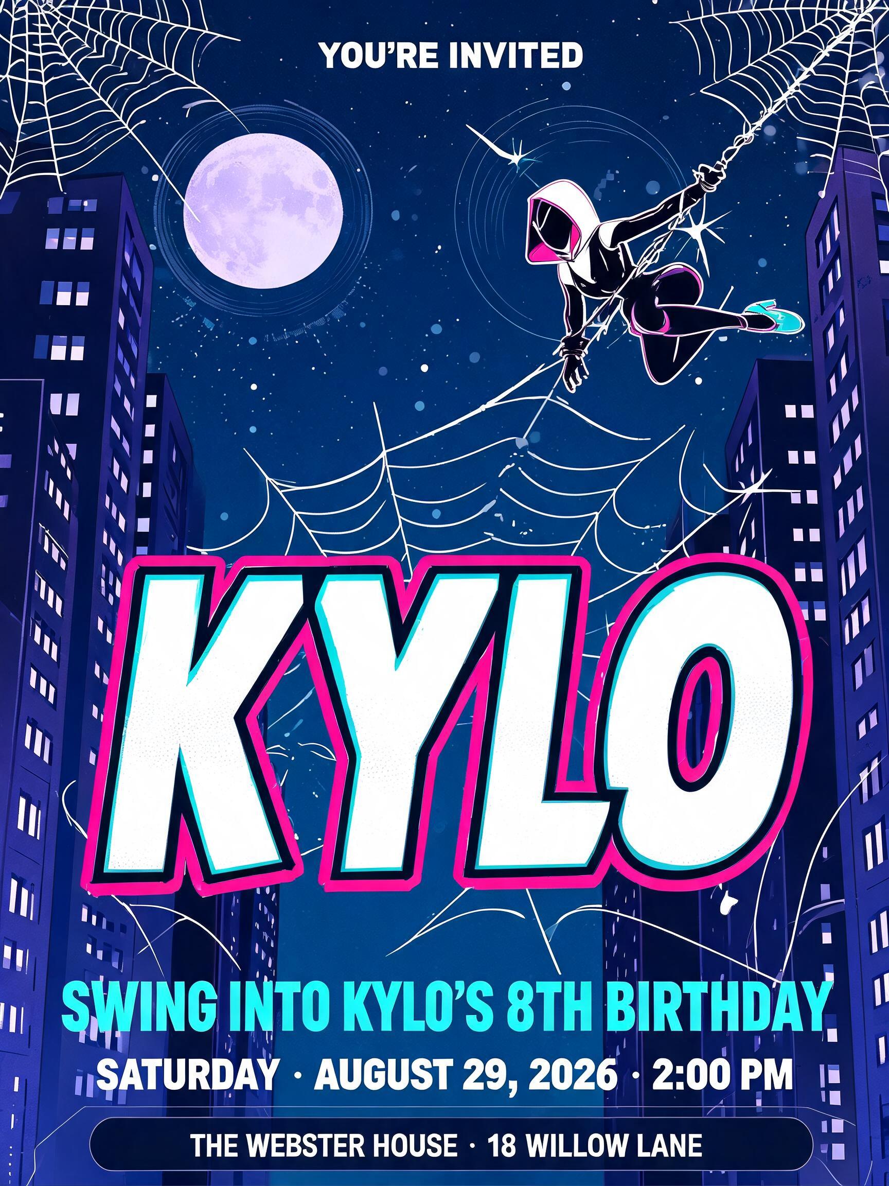 "I need a super hero themed name card for the birthday boy Kylo. Gwen stacy themed." — Comic Book | AI Text Effect Generator