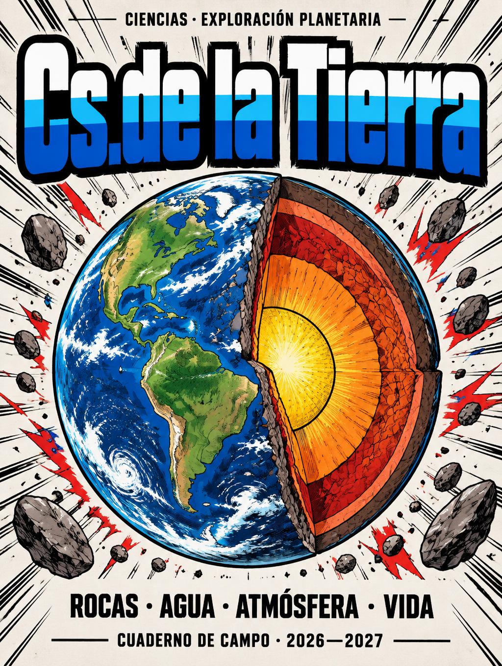 "Cs.de la Tierra
CIENCIAS · EXPLORACIÓN PLANETARIA
ROCAS · AGUA · ATMÓSFERA · VIDA
CUADERNO DE CAMPO · 2026—2027" — Anime text effect