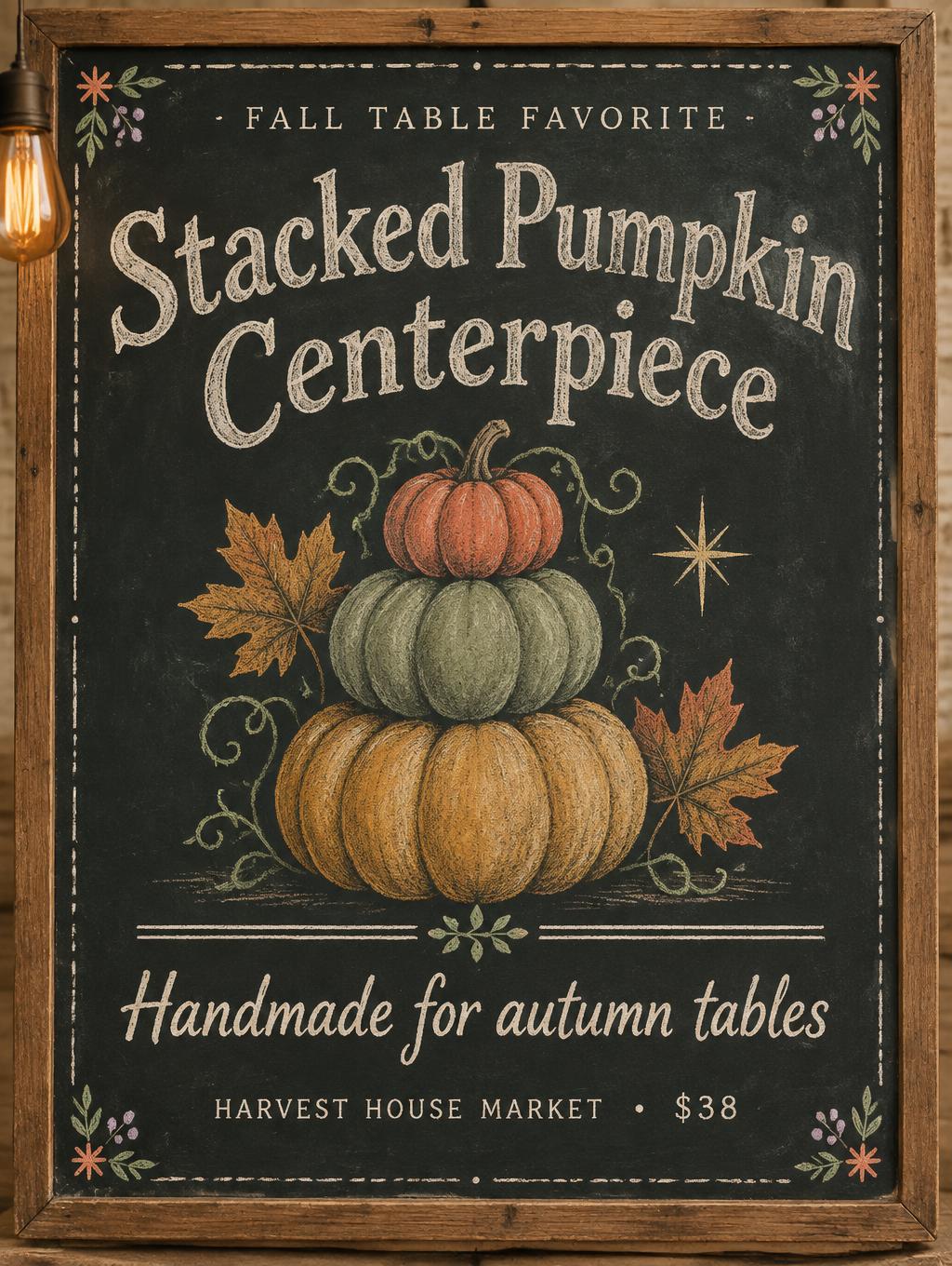 "Stacked Pumpkin
Centerpiece
FALL TABLE FAVORITE
Handmade for autumn tables
HARVEST HOUSE MARKET  •  $38" — Chalk | AI Text Effect Generator
