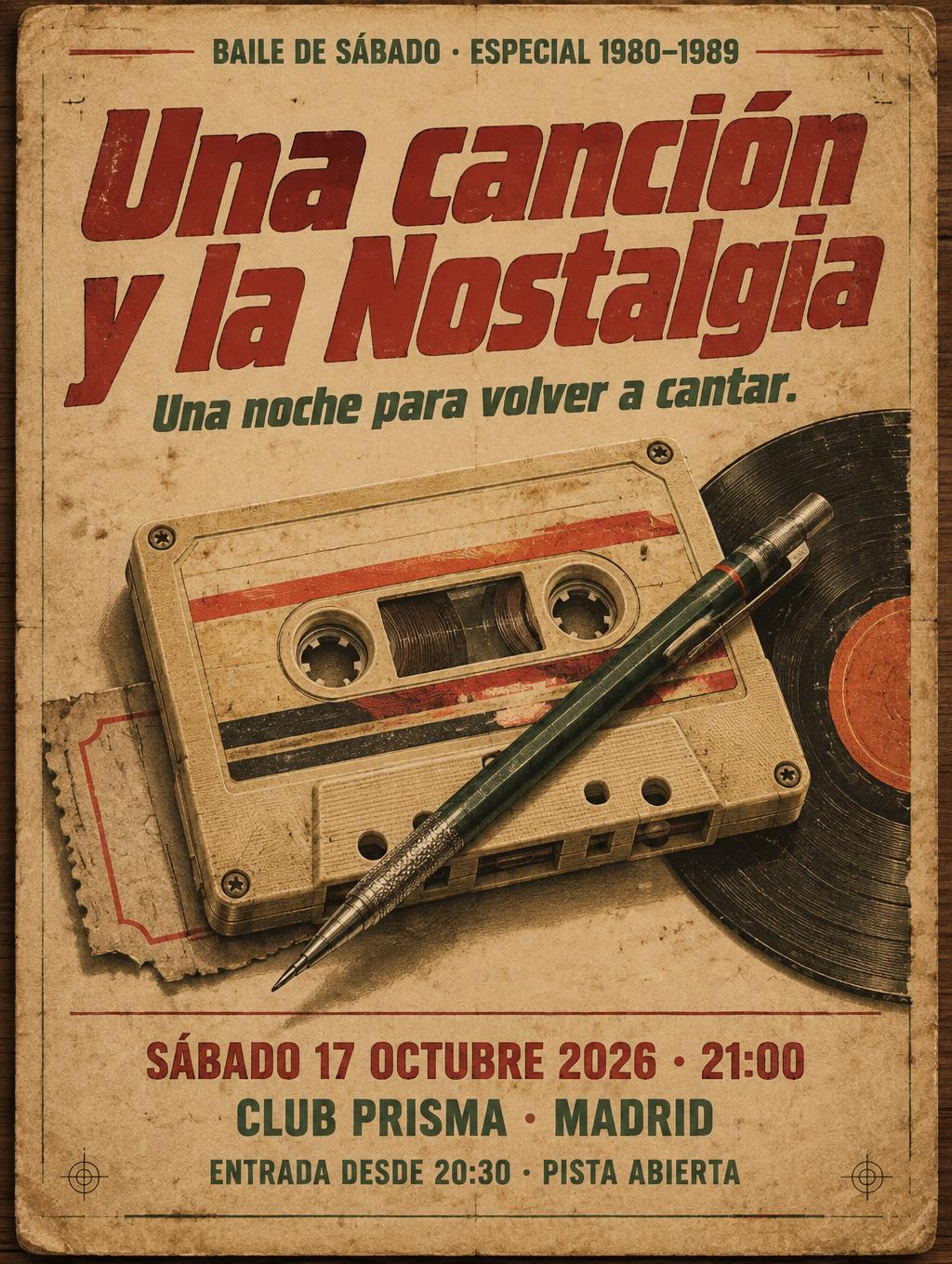 "BAILE DE SÁBADO · ESPECIAL 1980–1989
Una canción
y la Nostalgia
Una noche para volver a cantar.
SÁBADO 17 OCTUBRE 2026 · 21:00
CLUB PRISMA · MADRID
ENTRADA DESDE 20:30 · PISTA ABIERTA" — Vintage | AI Text Effect Generator