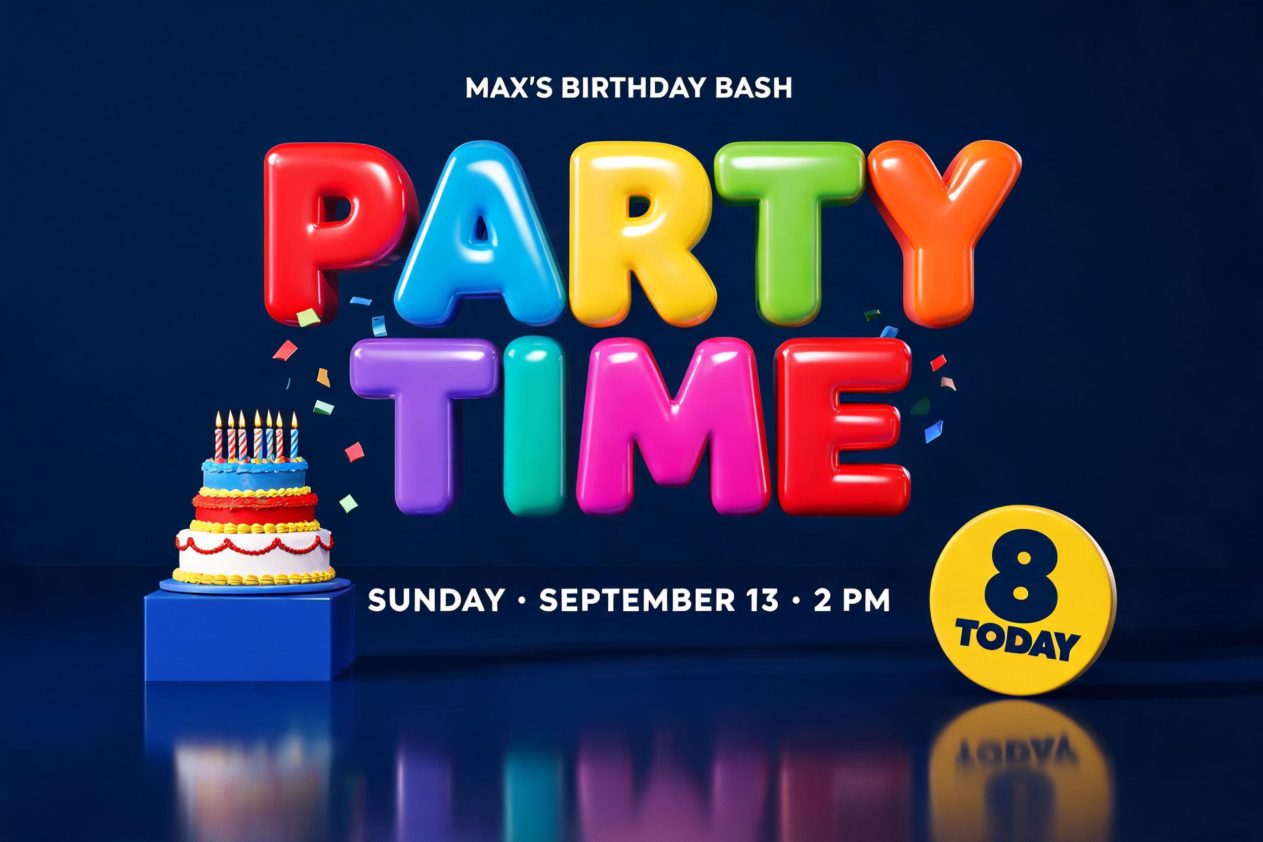 PARTY
TIME
MAX’S BIRTHDAY BASH
SUNDAY · SEPTEMBER 13 · 2 PM
8 TODAY