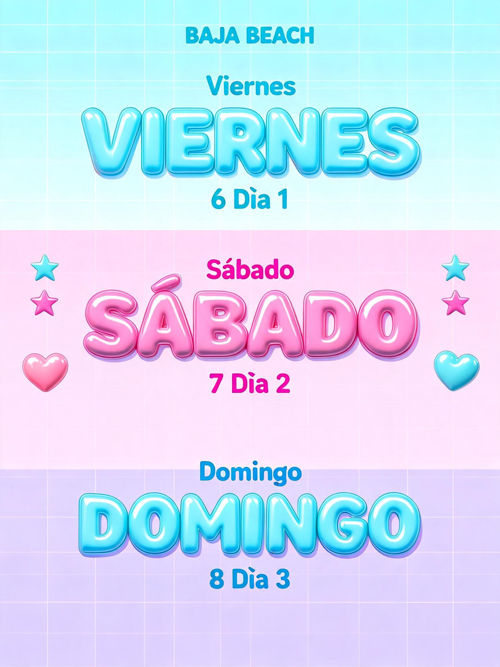 "BAJA BEACH
Viernes
VIERNES
6 Día 1
Sábado
SÁBADO
7 Día 2
Domingo
DOMINGO
8 Día 3" — Y2k Bubbly text effect