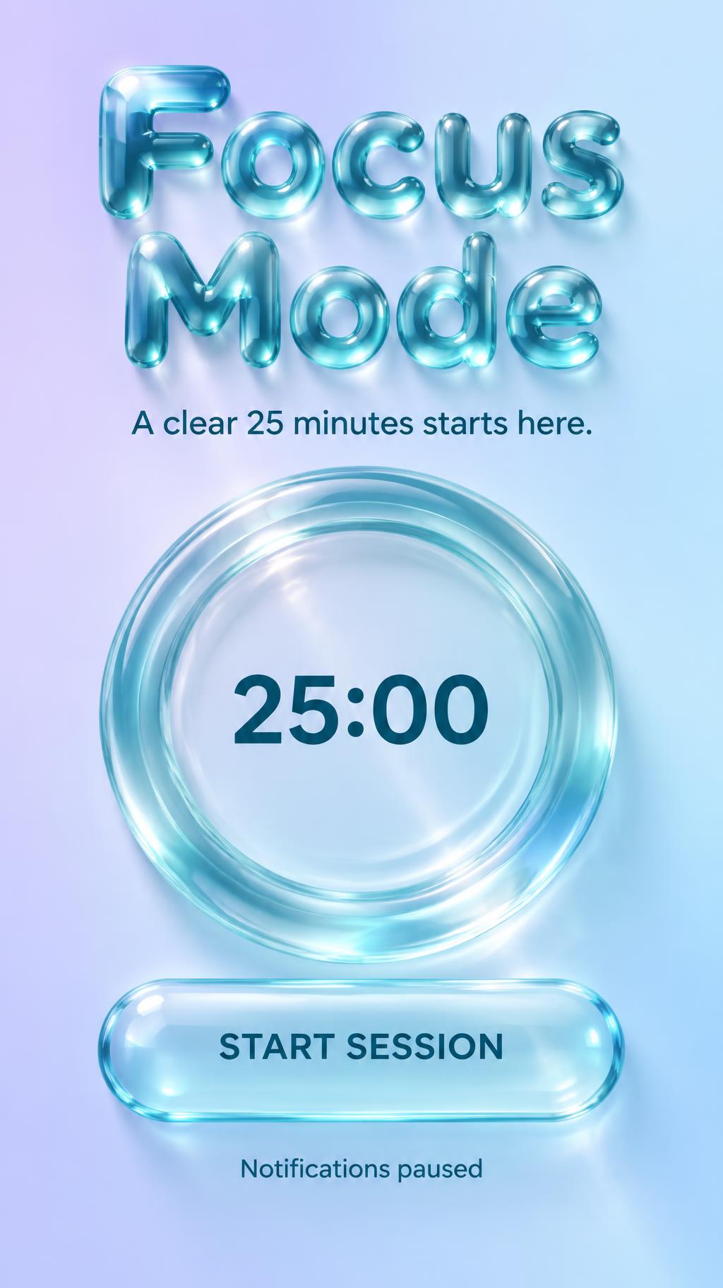 "Focus Mode
A clear 25 minutes starts here.
25:00
START SESSION
Notifications paused" — Glass Liquid | AI Text Effect Generator