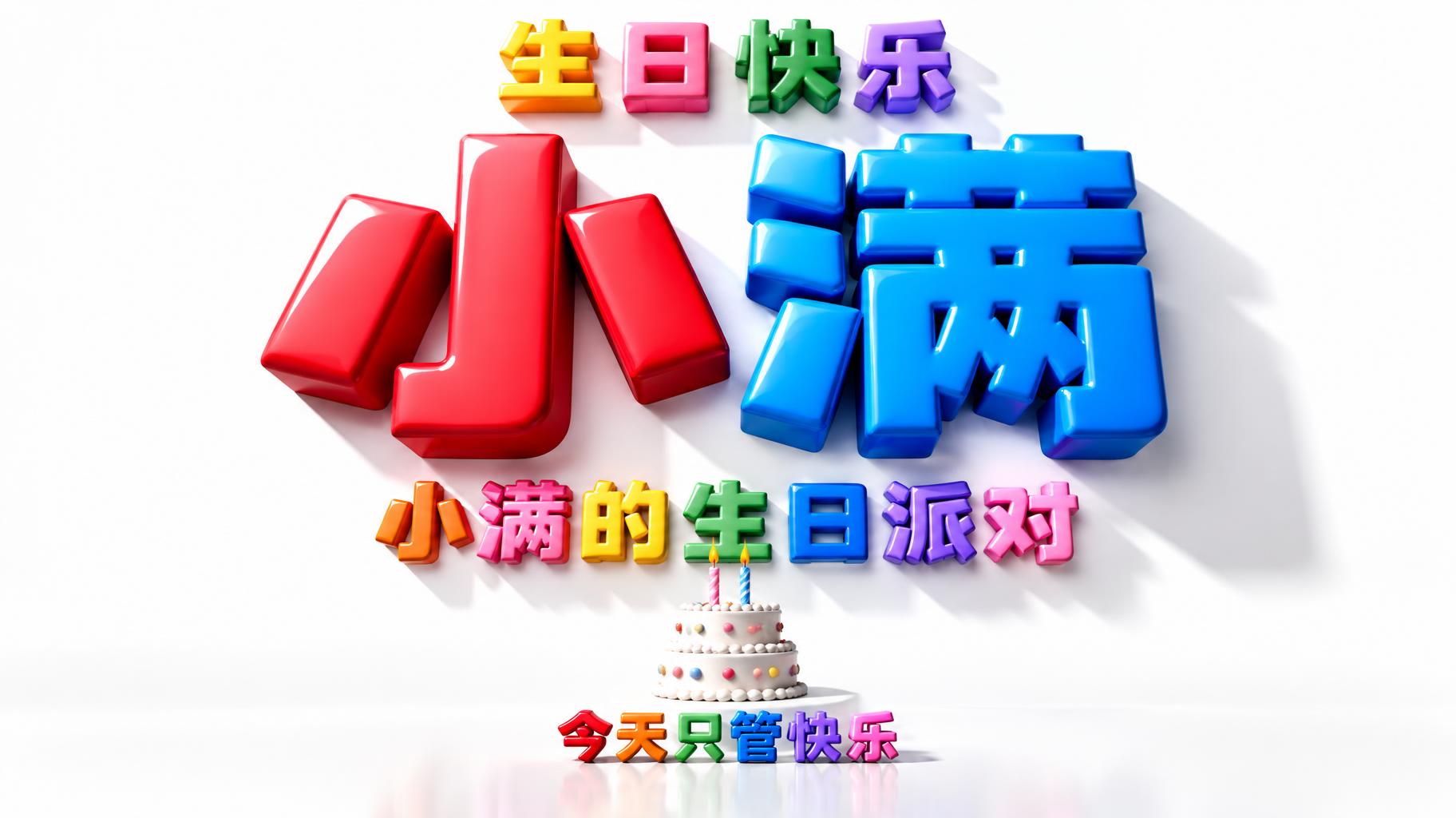 "小满
生日快乐
小满的生日派对
今天只管快乐" — 3d Bold | AI Text Effect Generator