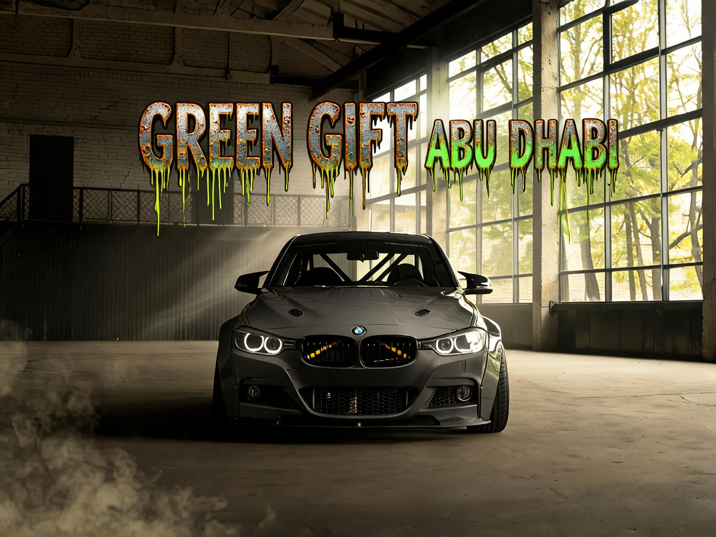 "GREEN GIFT ABU DHABI" — Cyberpunk Acid Rain text effect