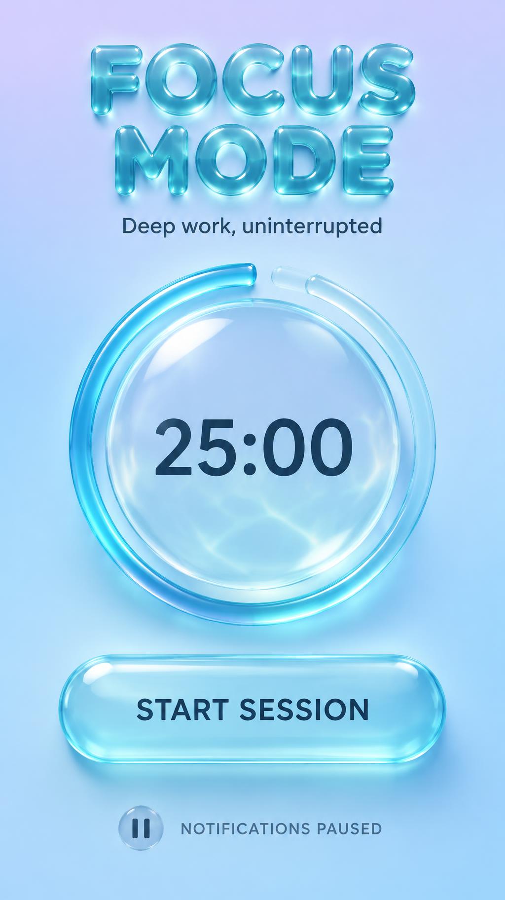 "FOCUS MODE
Deep work, uninterrupted
25:00
START SESSION
NOTIFICATIONS PAUSED" — Glass Liquid | AI Text Effect Generator