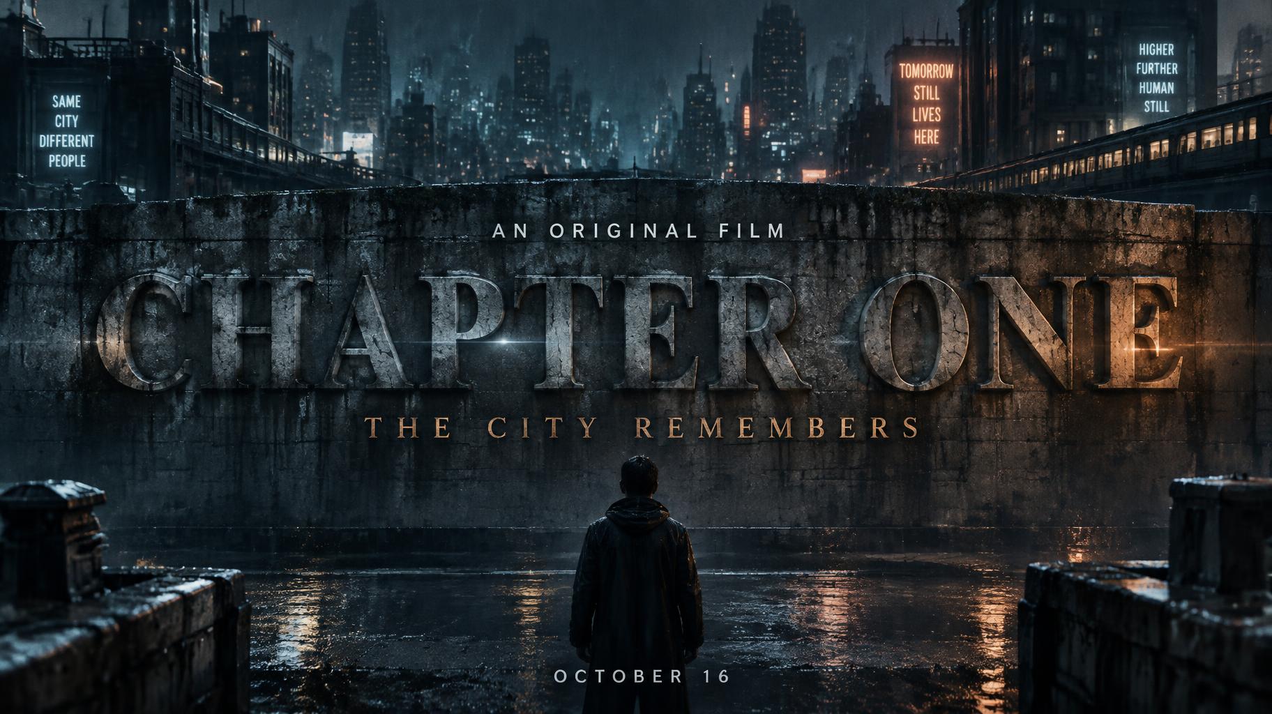 "CHAPTER ONE
AN ORIGINAL FILM
THE CITY REMEMBERS
OCTOBER 16" — Cinematic Netflix | AI Text Effect Generator