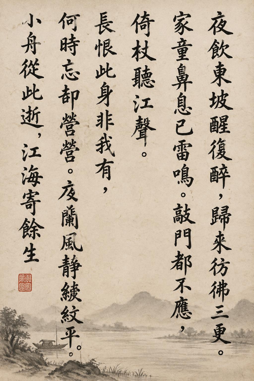 "夜飲東坡醒復醉，歸來彷彿三更。家童鼻息已雷鳴。敲門都不應，倚杖聽江聲。
長恨此身非我有，何時忘卻營營。夜闌風靜縠紋平。小舟從此逝，江海寄餘生" — Brush Chinese Ink | AI Text Effect Generator