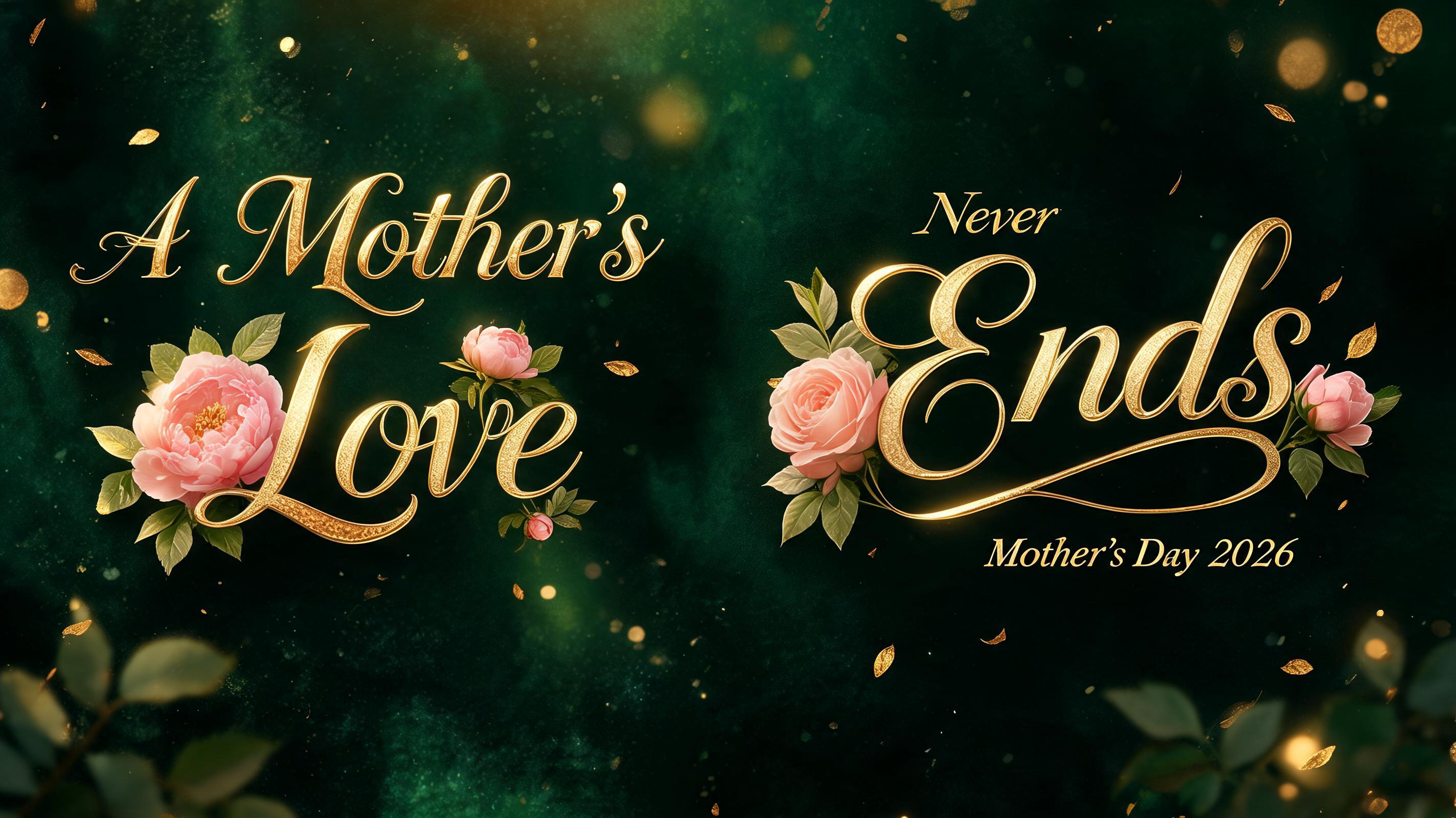 "**A Mother's Love
Never
Ends**
Mother's Day 2026" — Mothers Day text effect