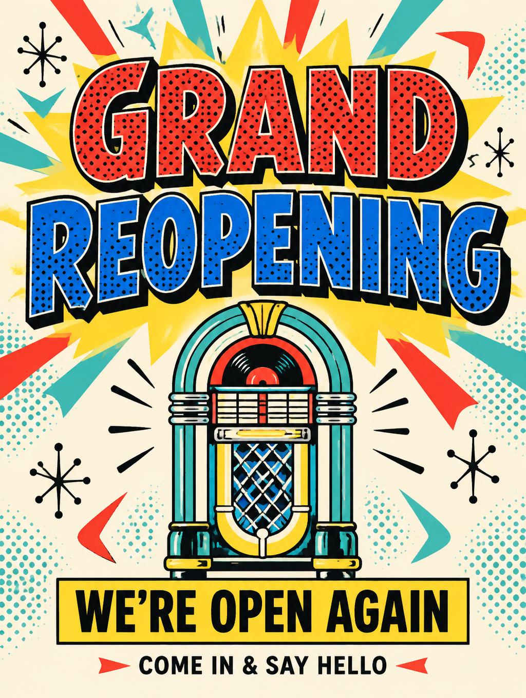 "GRAND REOPENING
WE’RE OPEN AGAIN
COME IN & SAY HELLO" — Retro Pop | AI Text Effect Generator