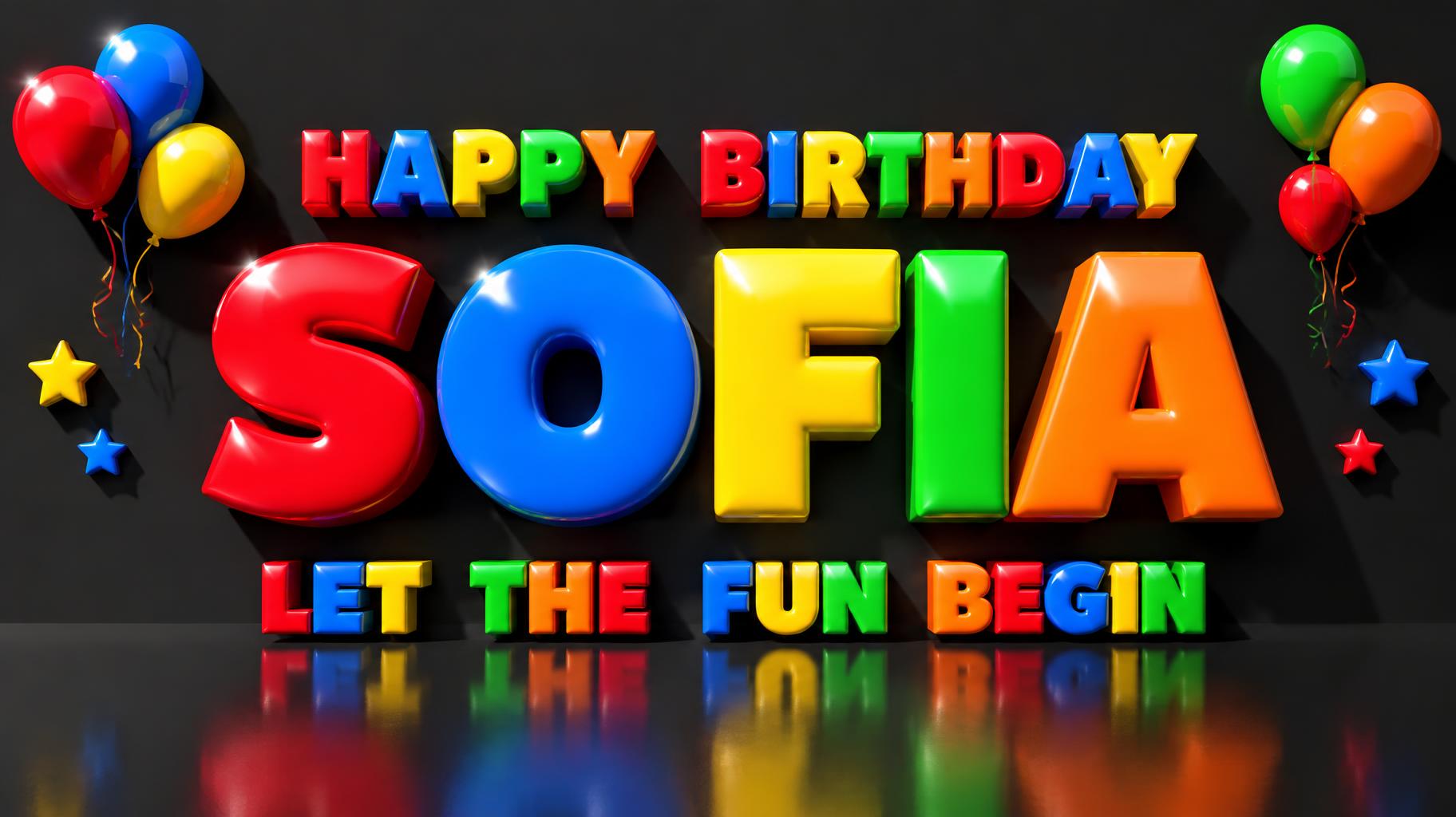 "SOFIA
HAPPY BIRTHDAY
LET THE FUN BEGIN" — 3d Bold | AI Text Effect Generator