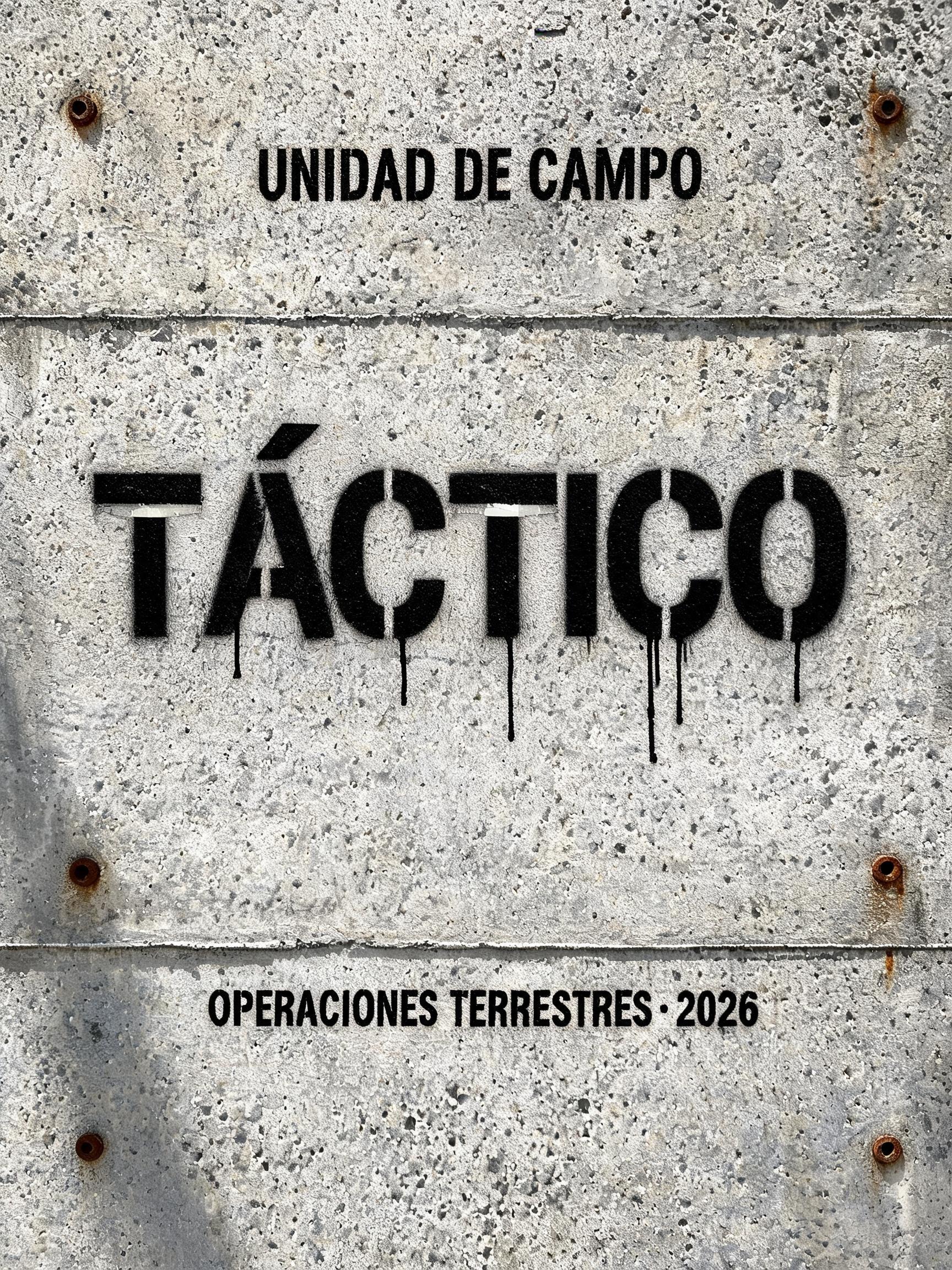 "TÁCTICO
UNIDAD DE CAMPO
OPERACIONES TERRESTRES · 2026" — Stencil text effect