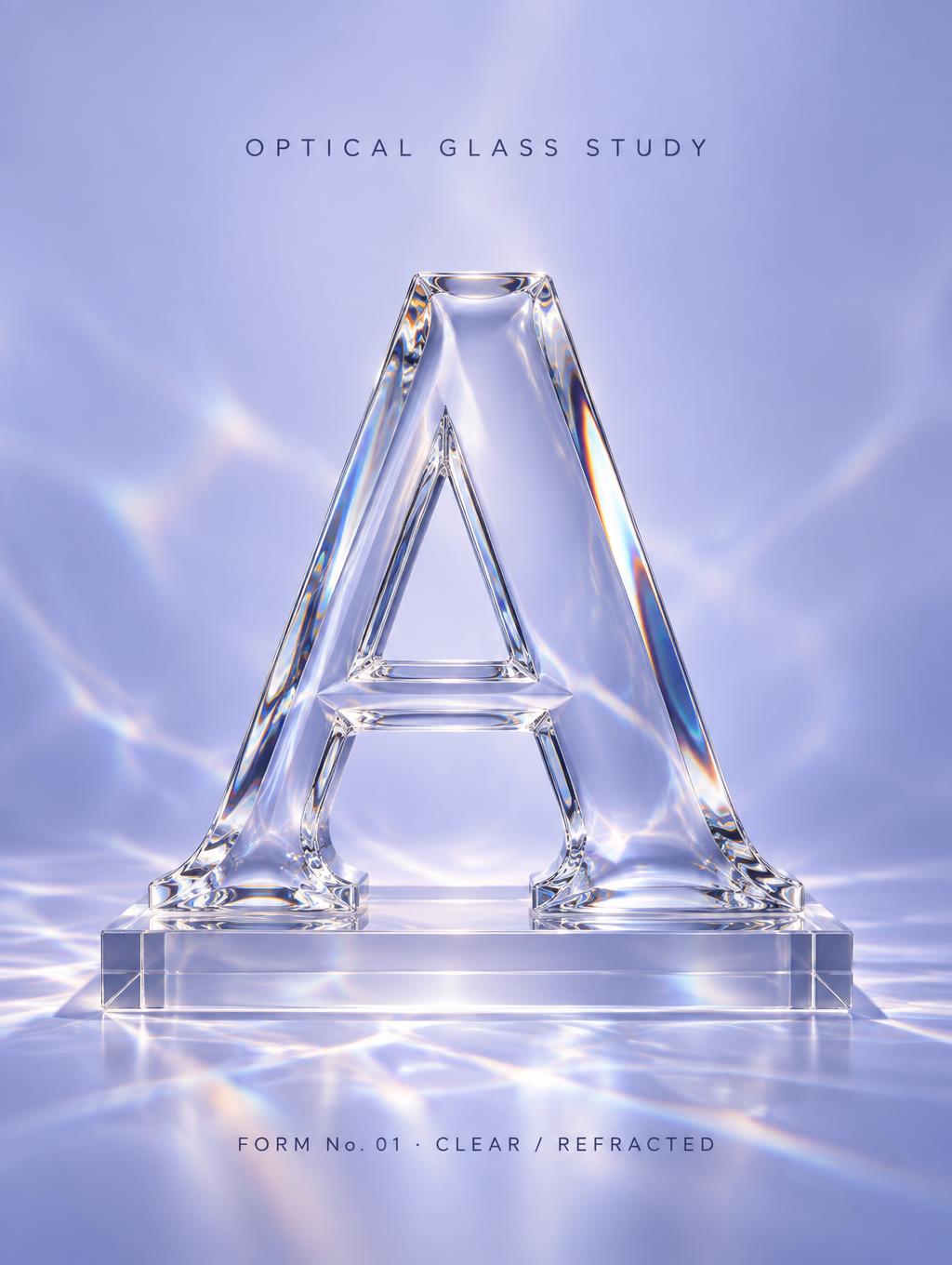 "A
OPTICAL GLASS STUDY
FORM No. 01 · CLEAR / REFRACTED" — Glass | AI Text Effect Generator