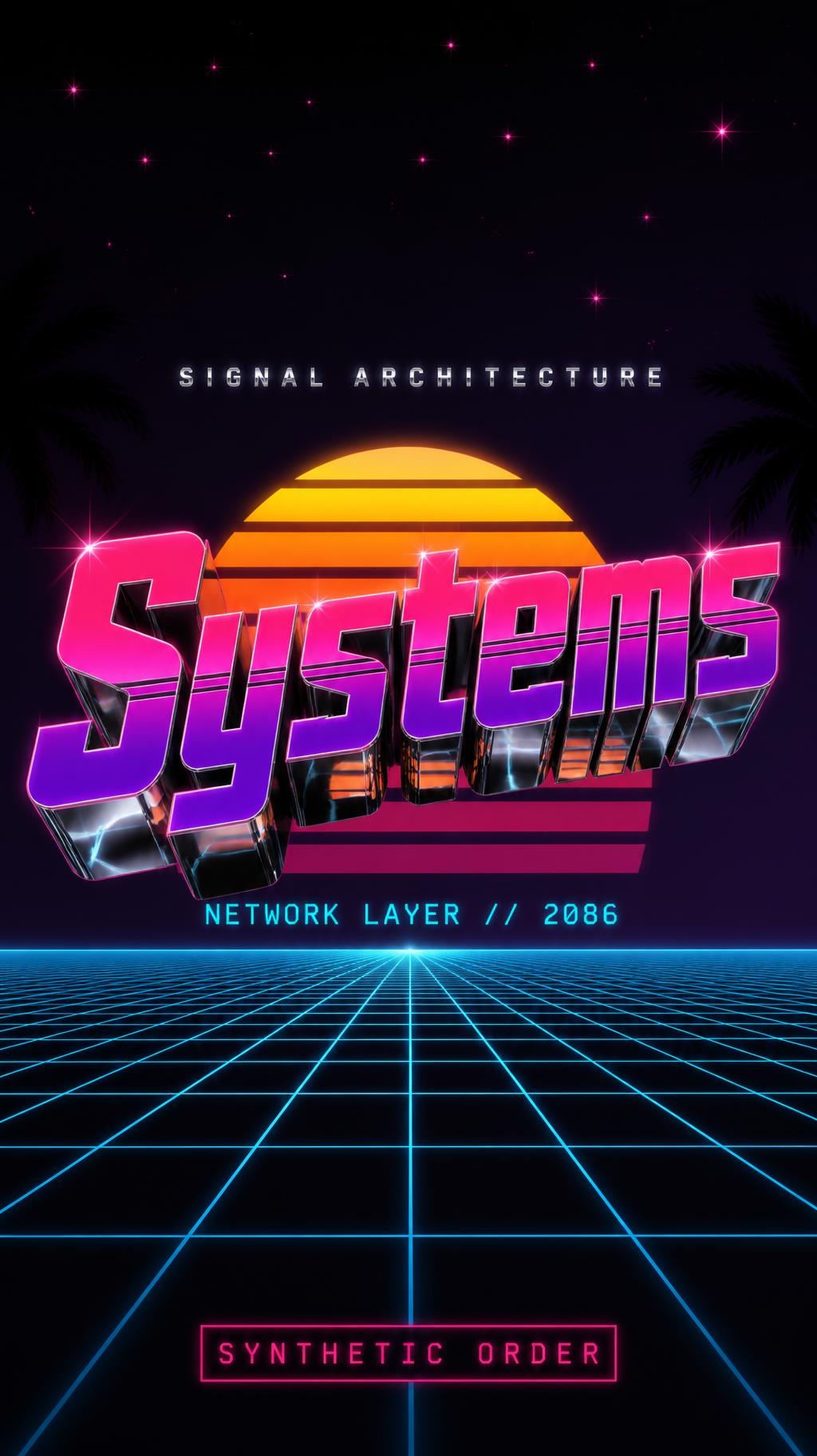 "Systems
SIGNAL ARCHITECTURE
NETWORK LAYER // 2086
SYNTHETIC ORDER" — Cyberpunk Synthwave text effect