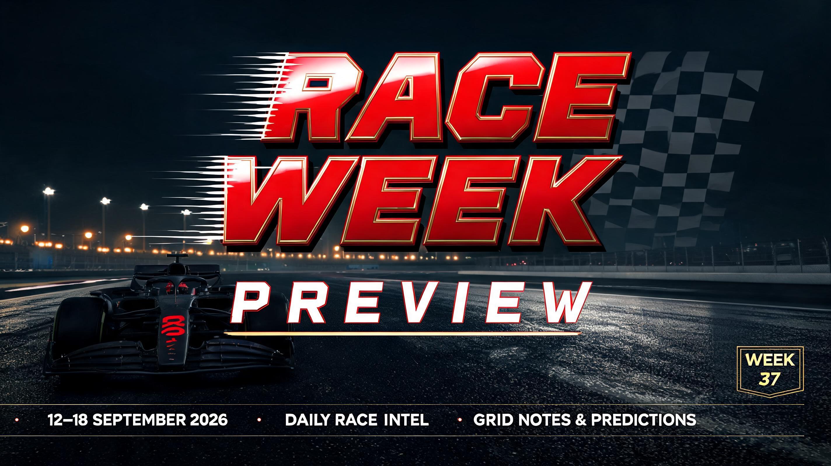 "RACE WEEK
PREVIEW
REDLINE GRID // CHANNEL FEATURE
12–18 SEPTEMBER 2026  •  DAILY RACE INTEL  •  GRID NOTES & PREDICTIONS
WEEK 37" — Racing | AI Text Effect Generator