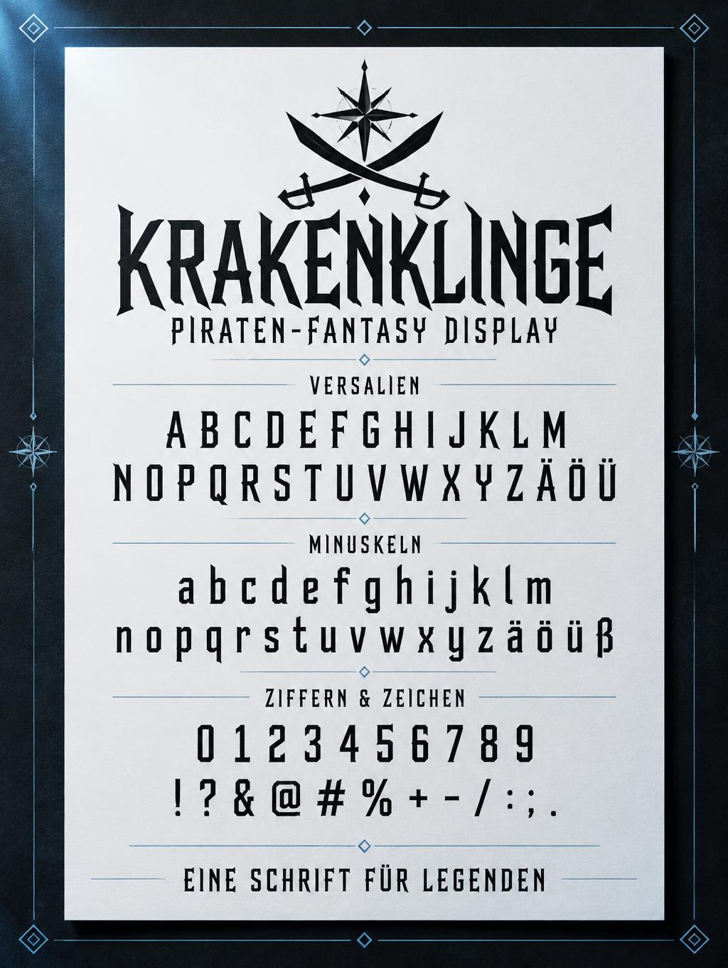 "KRAKENKLINGE
PIRATEN-FANTASY DISPLAY
VERSALIEN
A B C D E F G H I J K L M
N O P Q R S T U V W X Y Z Ä Ö Ü
MINUSKELN
a b c d e f g h i j k l m
n o p q r s t u v w x y z ä ö ü ß
ZIFFERN & ZEICHEN
0 1 2 3 4 5 6 7 8 9
! ? & @ # % + - / : ; .
EINE SCHRIFT FÜR LEGENDEN" — Viking Runic | AI Text Effect Generator