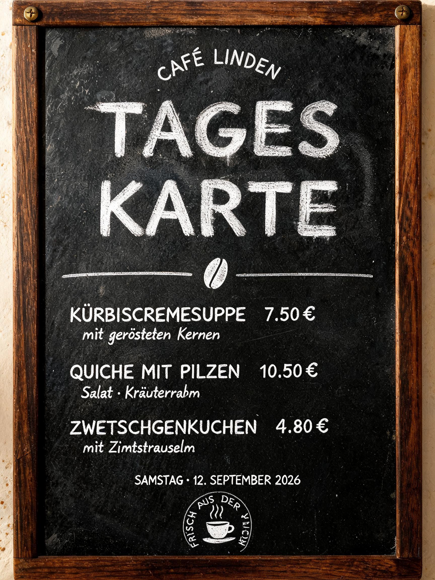 "TAGES
KARTE
CAFÉ LINDEN
KÜRBISCREMESUPPE  7,50 €
mit gerösteten Kernen
QUICHE MIT PILZEN  10,50 €
Salat · Kräuterrahm
ZWETSCHGENKUCHEN  4,80 €
mit Zimtstreuseln
SAMSTAG · 12. SEPTEMBER 2026
FRISCH AUS DER KÜCHE" — Vintage | AI Text Effect Generator