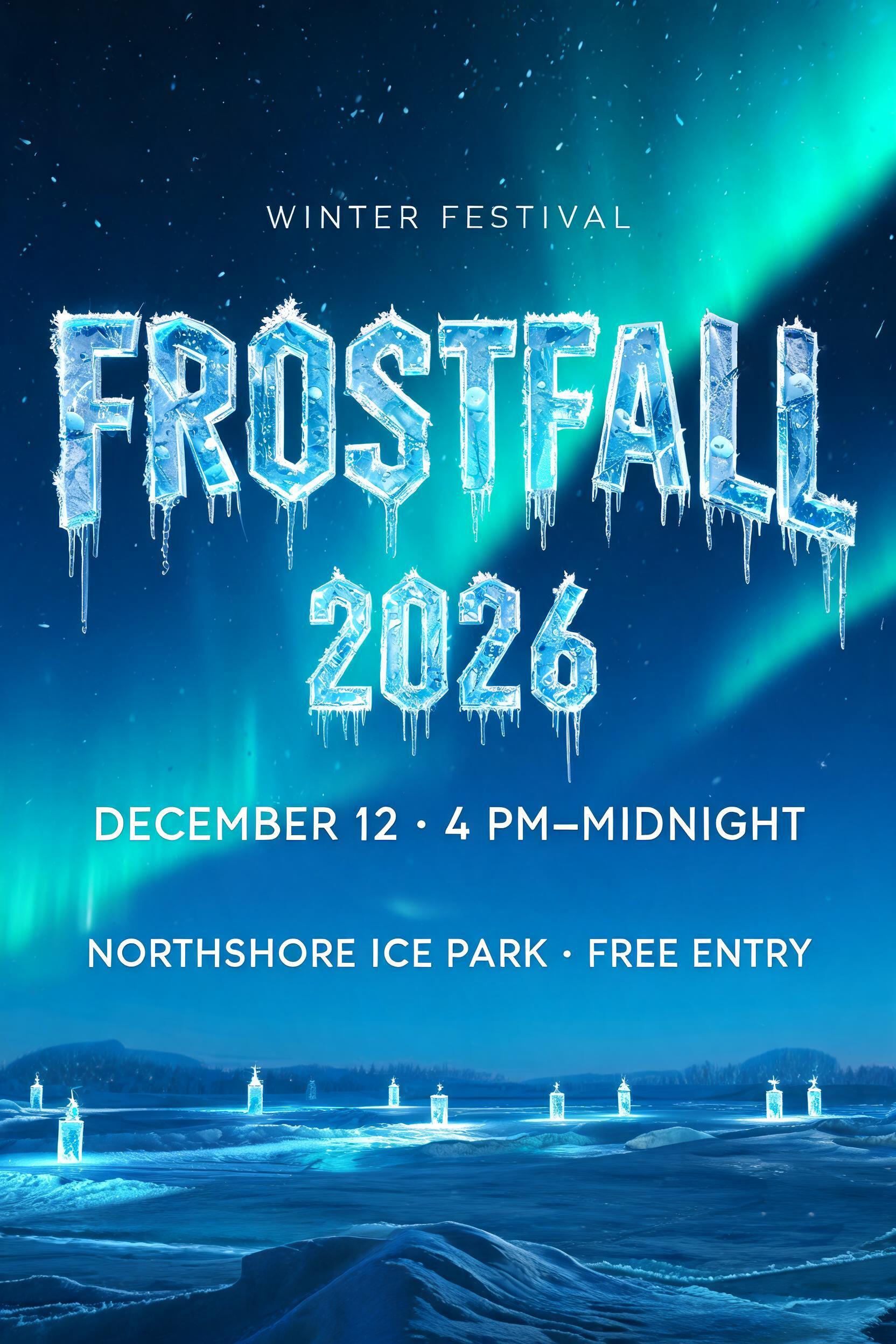 "Design a poster for the winter festival Frostfall 2026" — Glass Frozen | AI Text Effect Generator