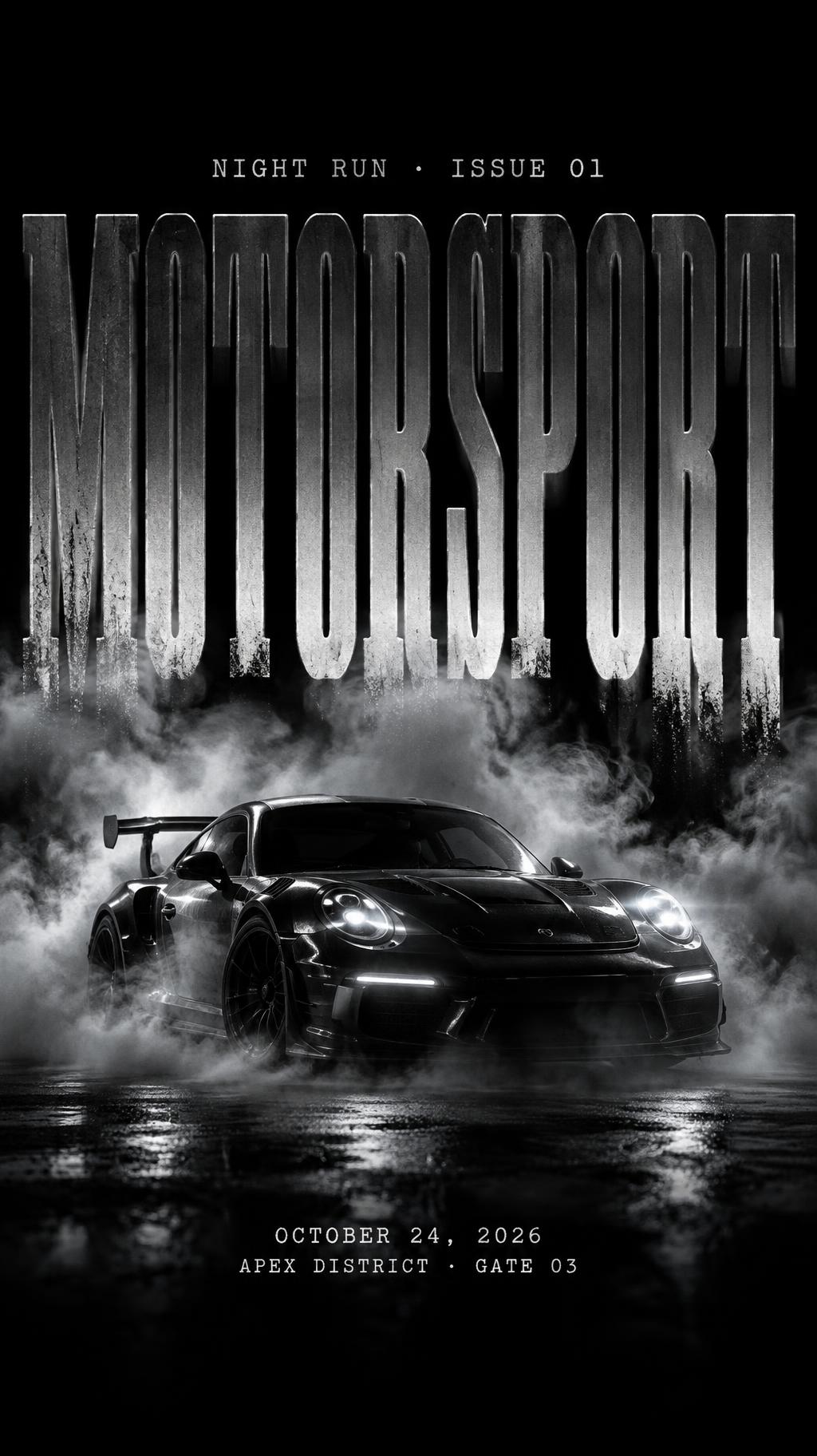 MOTORSPORT
NIGHT RUN · ISSUE 01
OCTOBER 24, 2026
APEX DISTRICT · GATE 03