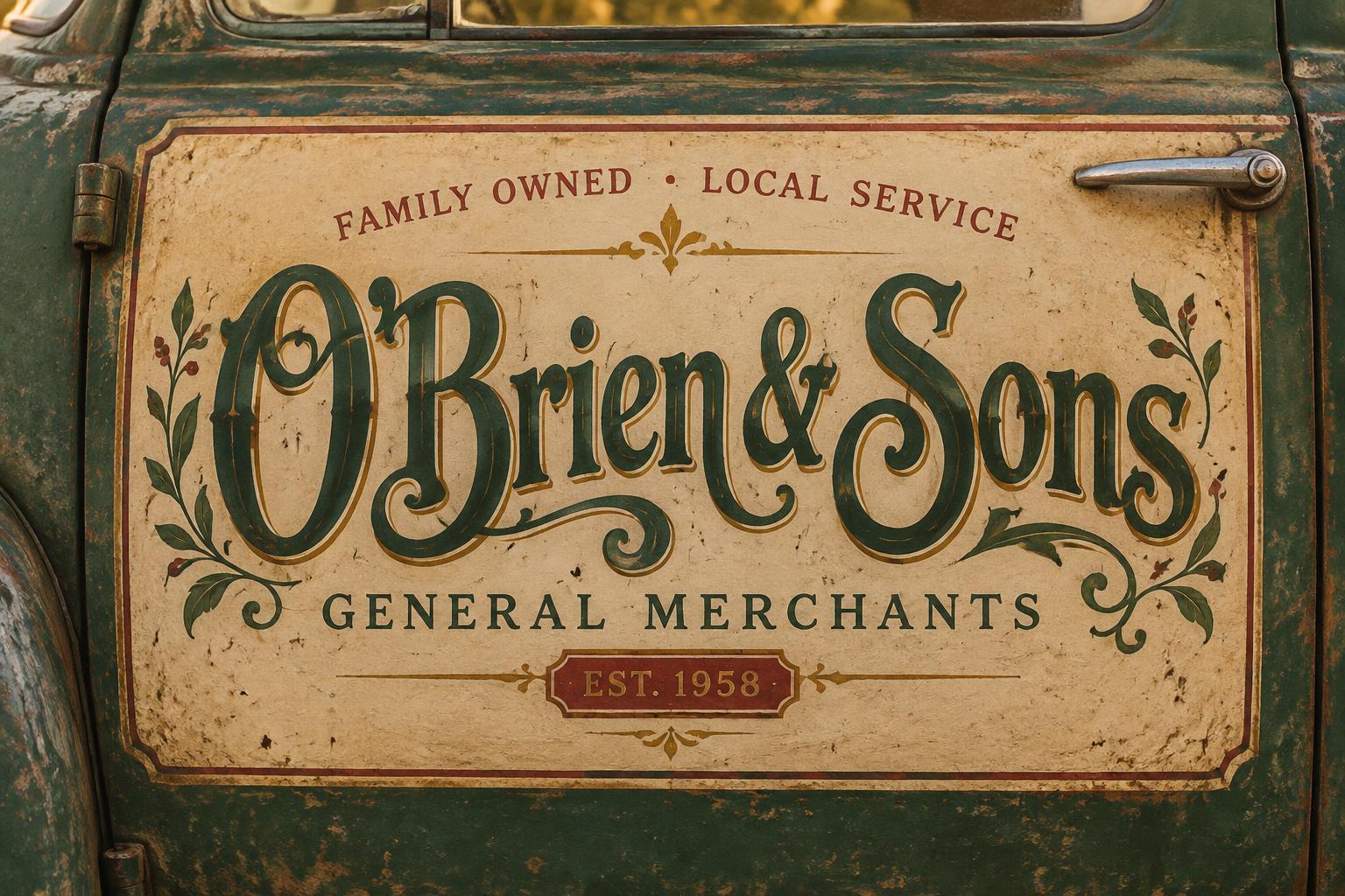 "O’Brien & Sons
GENERAL MERCHANTS
FAMILY OWNED • LOCAL SERVICE
EST. 1958" — Vintage | AI Text Effect Generator