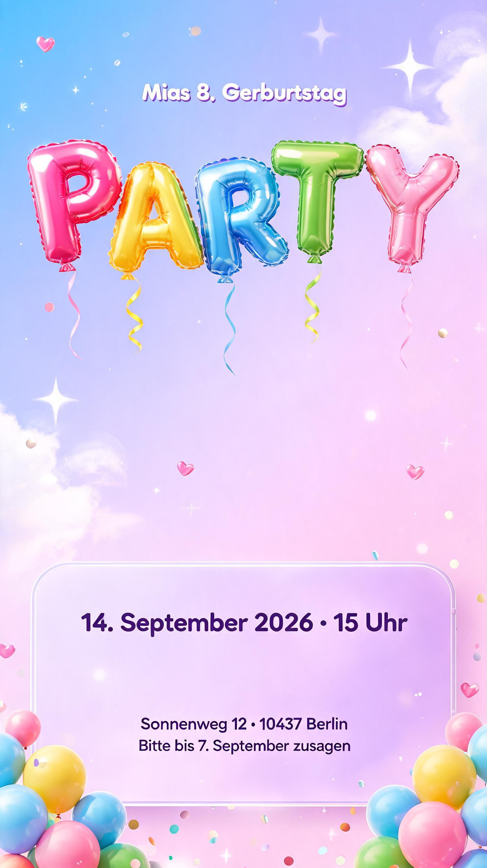 "PARTY
Mias 8. Geburtstag
14. September 2026 · 15 Uhr
Sonnenweg 12 · 10437 Berlin
Bitte bis 7. September zusagen" — Y2k Bubbly text effect