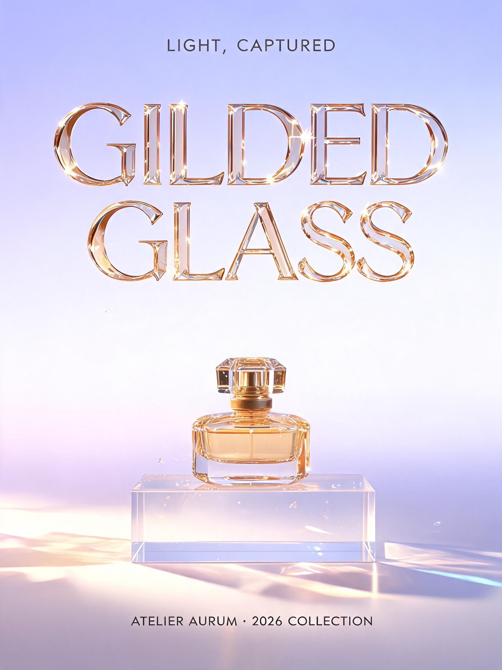 "GILDED
GLASS
LIGHT, CAPTURED
ATELIER AURUM · 2026 COLLECTION" — Glass | AI Text Effect Generator