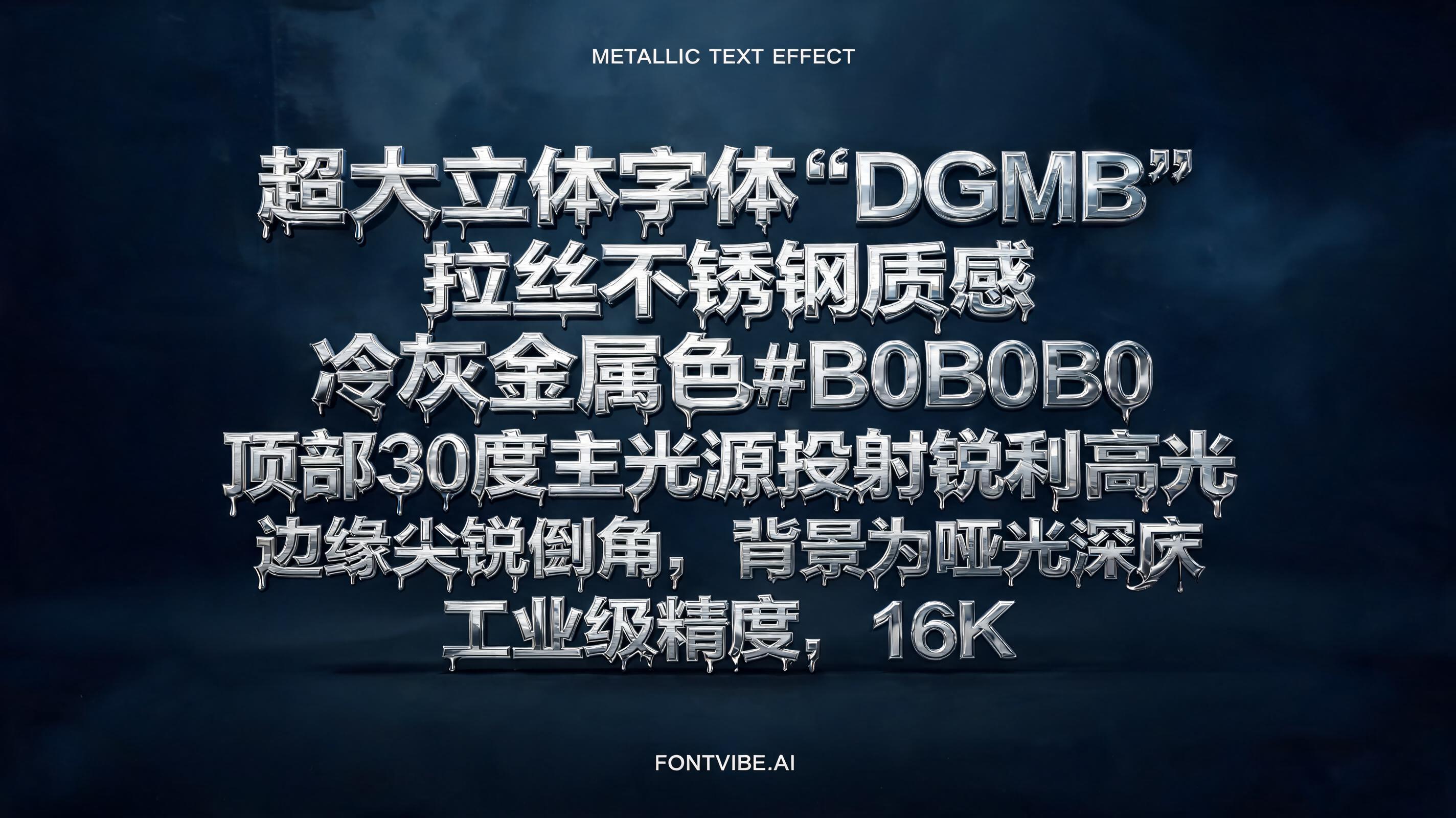 "超大立体字体‘DGMB’，拉丝不锈钢质感，冷灰金属色#B0B0B0，顶部30度主光源投射锐利高光，边缘尖锐倒角，背景为哑光深灰，工业级精度，16K" — Metallic | AI Text Effect Generator