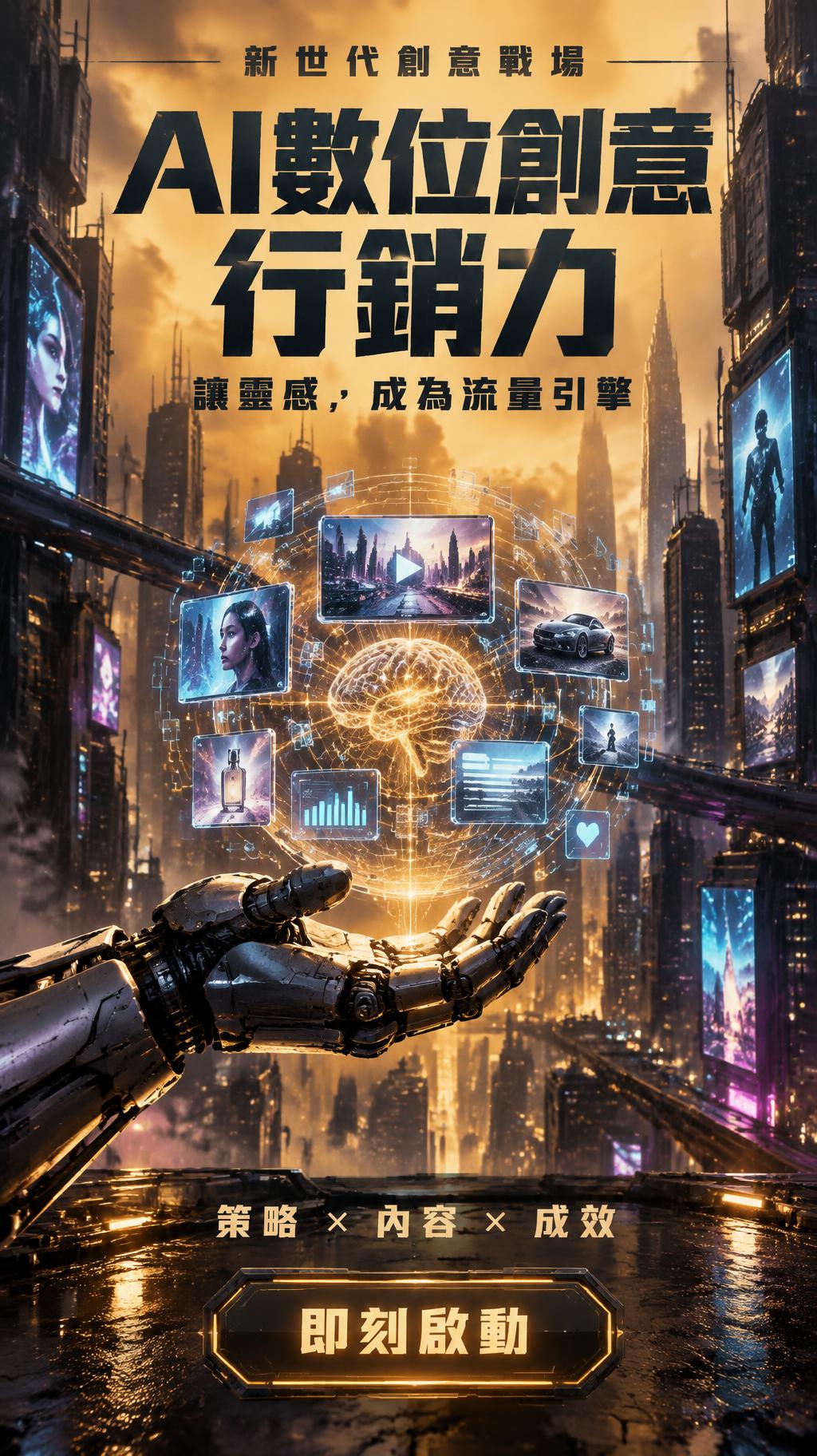 "AI數位創意行銷力
新世代創意戰場
讓靈感，成為流量引擎
策略 × 內容 × 成效
即刻啟動" — Cyberpunk 2077 | AI Text Effect Generator