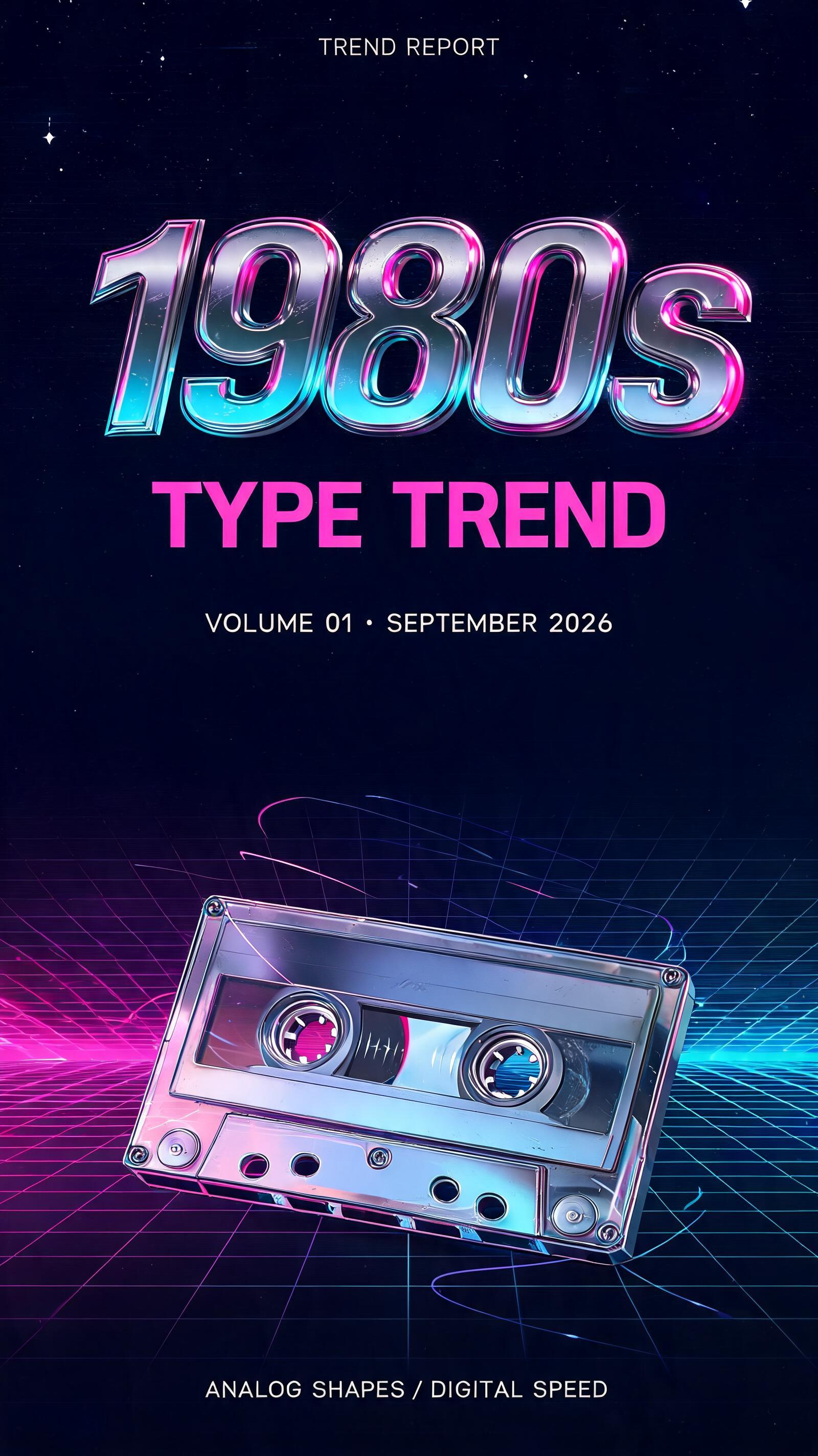 "1980s
TYPE TREND
TREND REPORT
VOLUME 01 · SEPTEMBER 2026
ANALOG SHAPES / DIGITAL SPEED" —  | AI Text Effect Generator