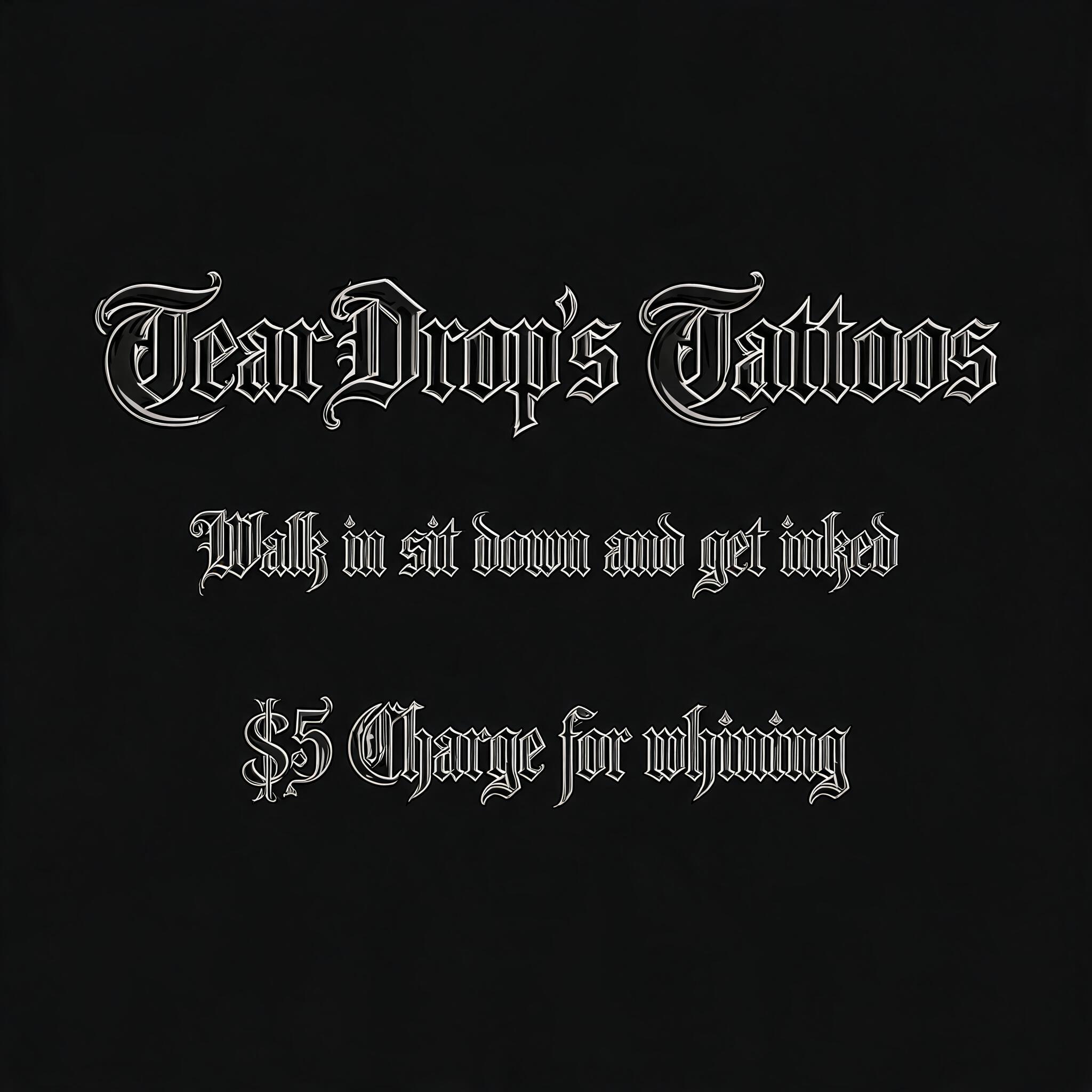 "TearDrop's Tattoos 
Walk in sit down and get inked
$5 Charge for whining" — Tattoo | AI Text Effect Generator