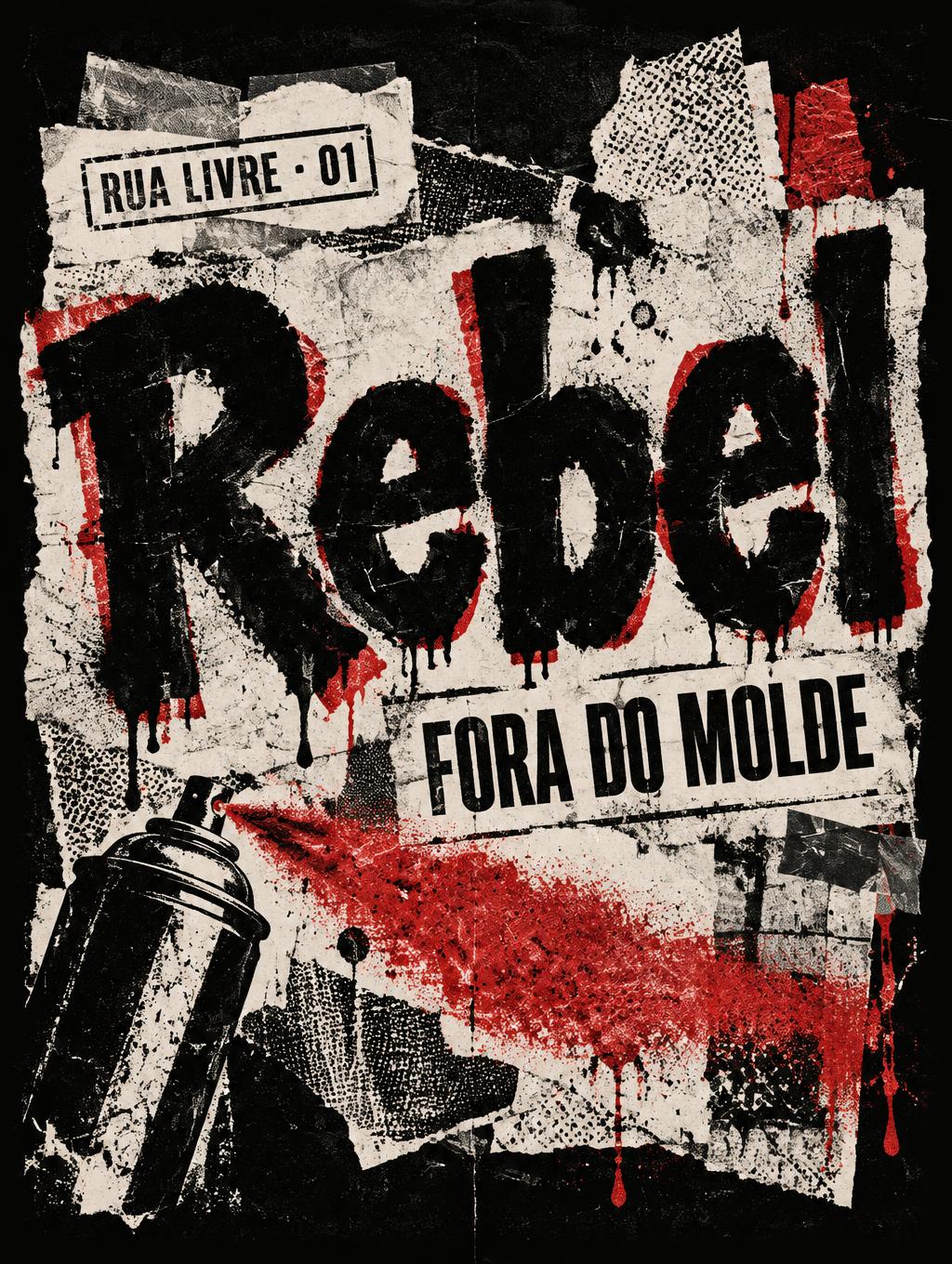 "Rebel
FORA DO MOLDE
RUA LIVRE · 01" — Grunge text effect
