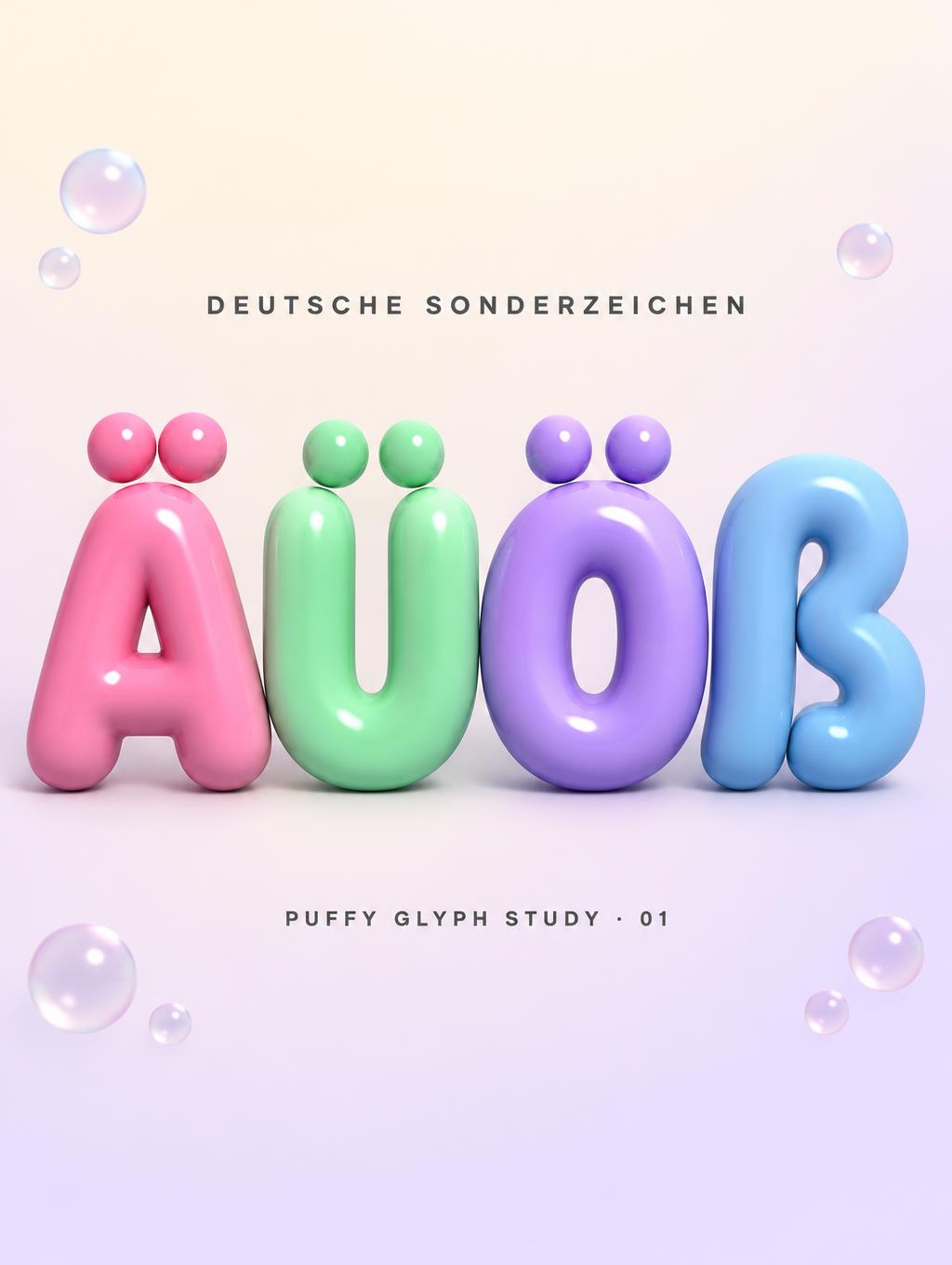 "Ä  Ü  Ö  ß
DEUTSCHE SONDERZEICHEN
PUFFY GLYPH STUDY · 01" — 3d Bold Inflated | AI Text Effect Generator