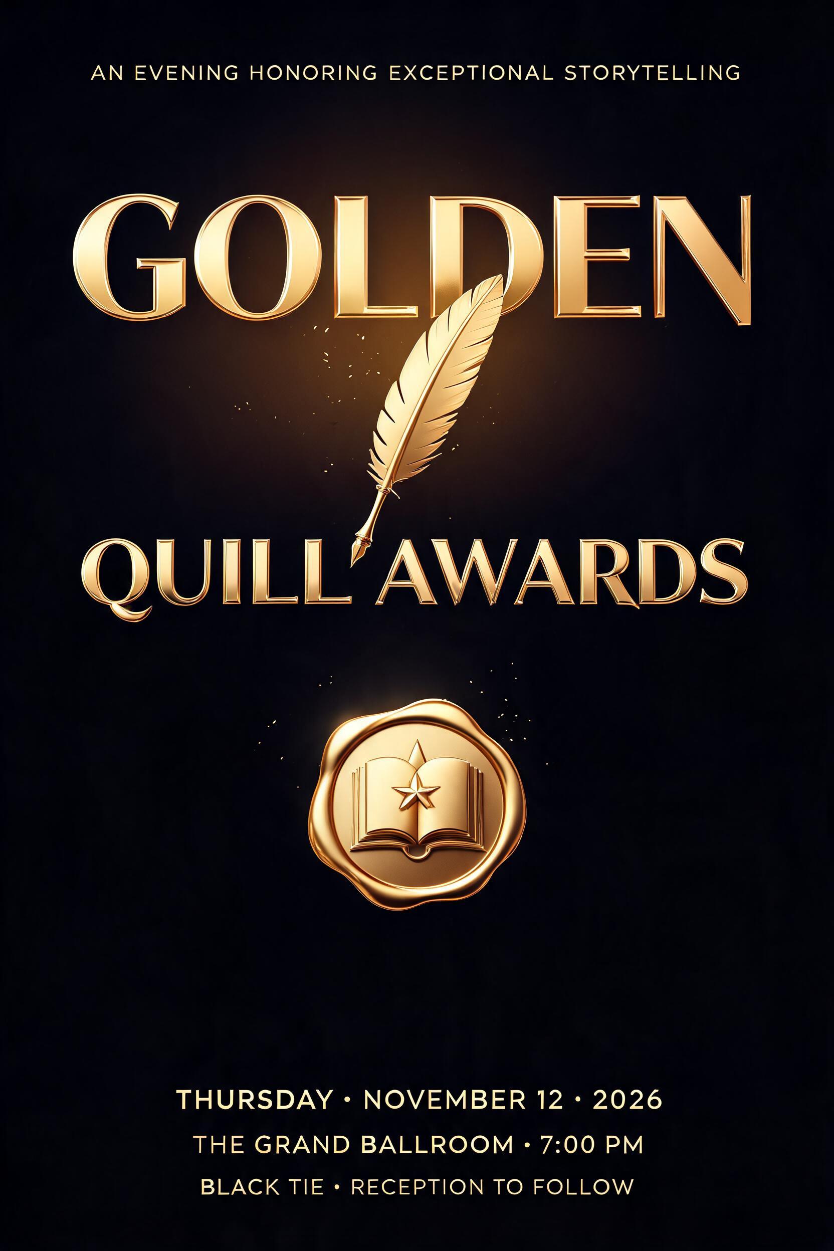 "GOLDEN
QUILL AWARDS
AN EVENING HONORING EXCEPTIONAL STORYTELLING
THURSDAY · NOVEMBER 12 · 2026
THE GRAND BALLROOM · 7:00 PM
BLACK TIE · RECEPTION TO FOLLOW" — 3d Bold Gold | AI Text Effect Generator