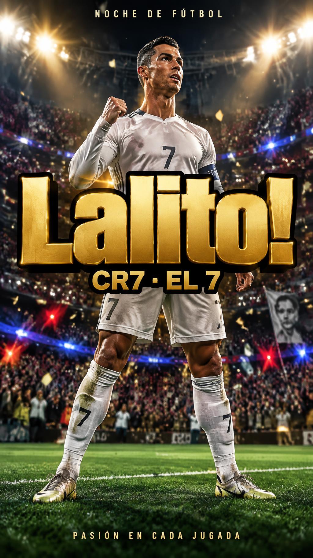 "Lalito!
NOCHE DE FÚTBOL
CR7 · EL 7
PASIÓN EN CADA JUGADA" — Sports Football | AI Text Effect Generator