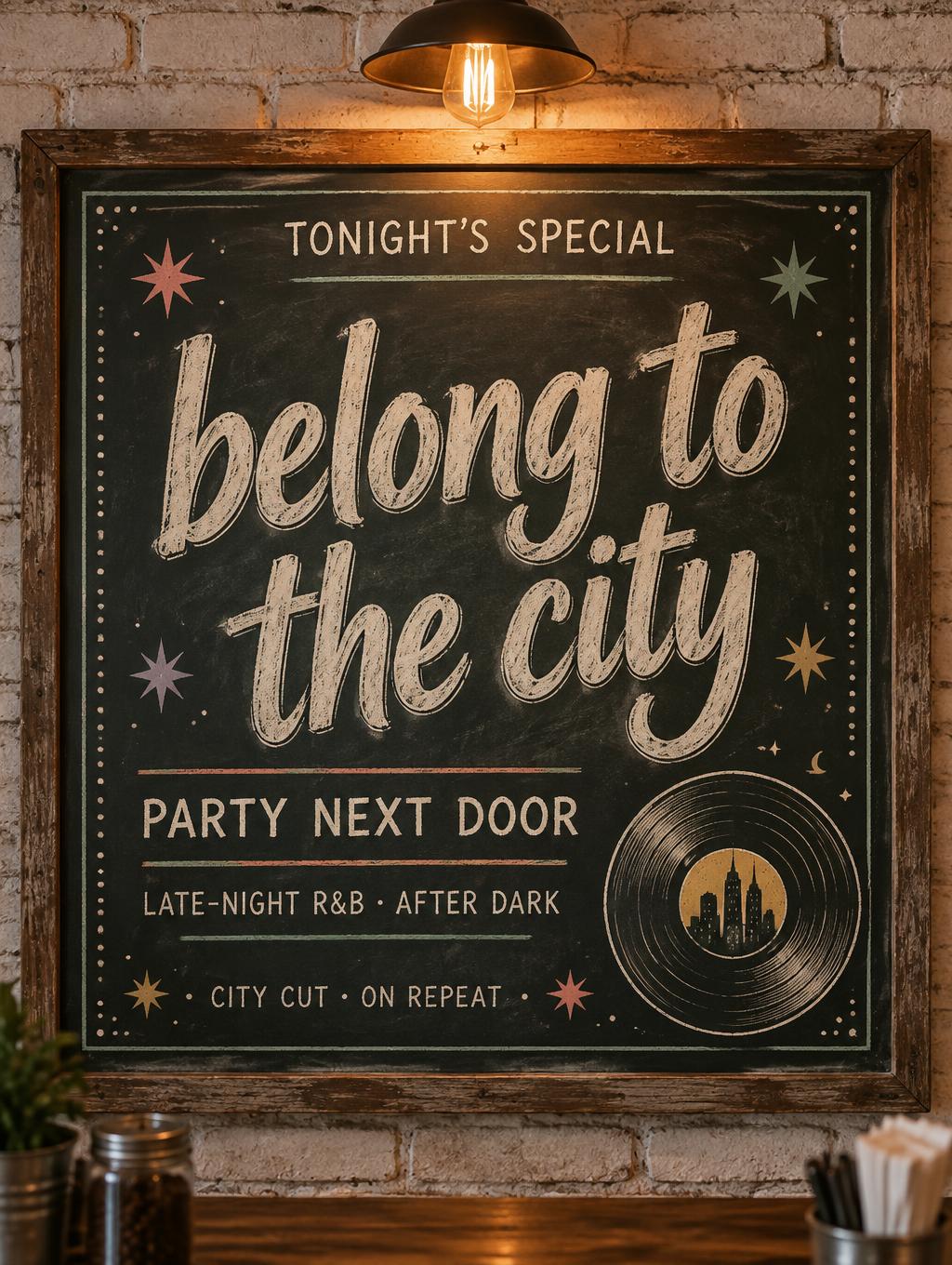 "belong to the city
PARTY NEXT DOOR
TONIGHT'S SPECIAL
LATE-NIGHT R&B · AFTER DARK
CITY CUT · ON REPEAT" — Chalk | AI Text Effect Generator
